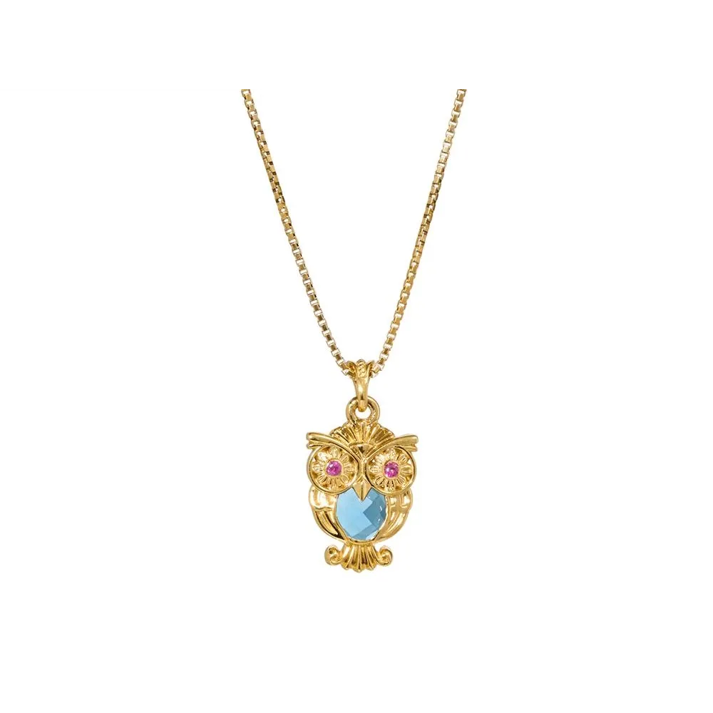 Konstantino Alexandria 18K Yellow Gold Owl Pendant with London Blue Topaz and Ruby