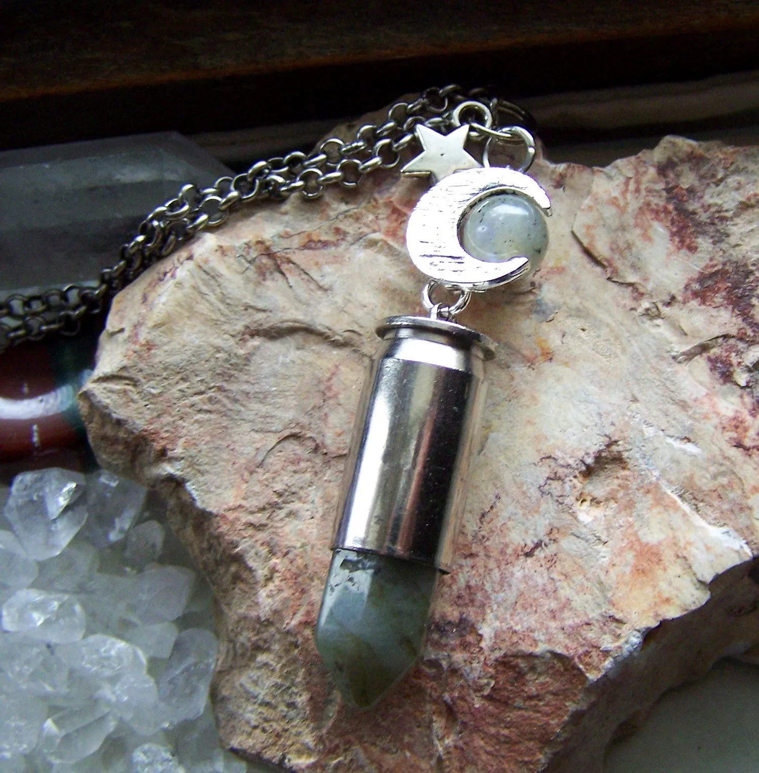 Labradorite Gemstone Silver Moon Bullet Pendant Necklace