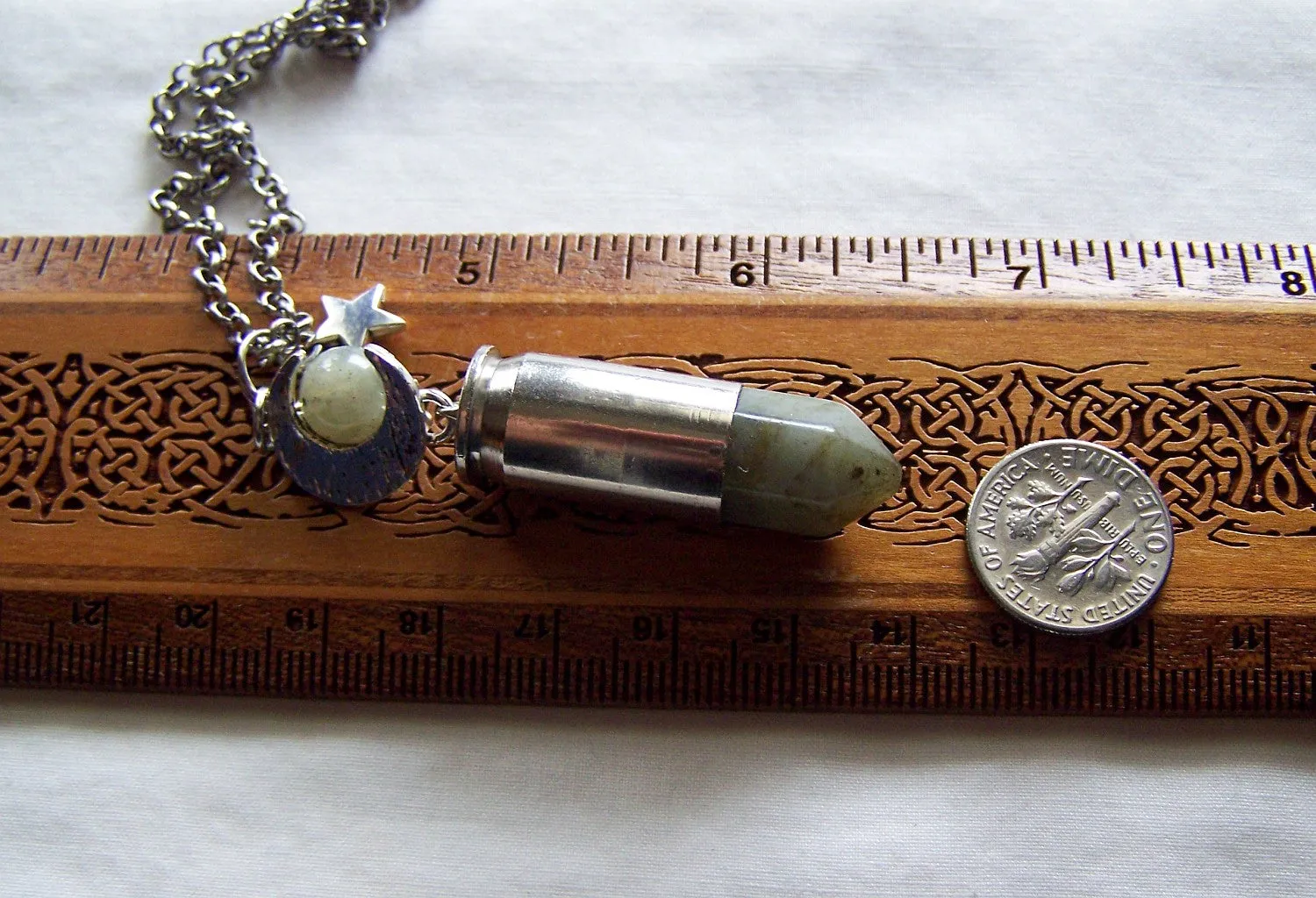 Labradorite Gemstone Silver Moon Bullet Pendant Necklace