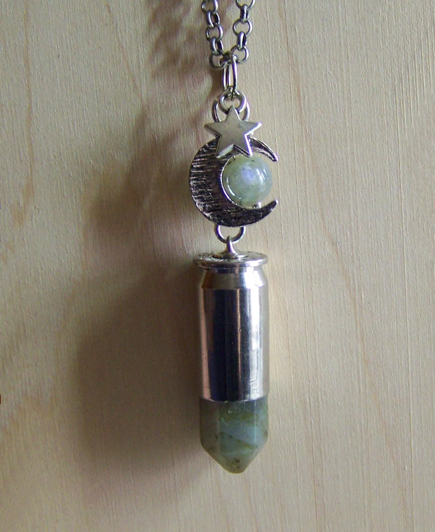 Labradorite Gemstone Silver Moon Bullet Pendant Necklace