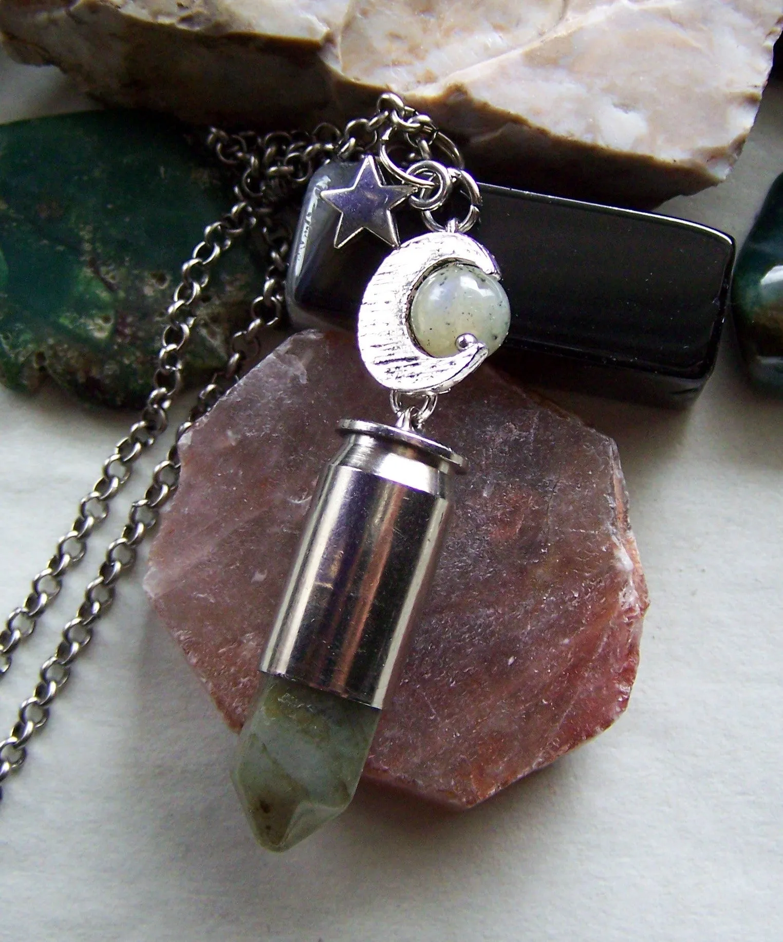 Labradorite Gemstone Silver Moon Bullet Pendant Necklace