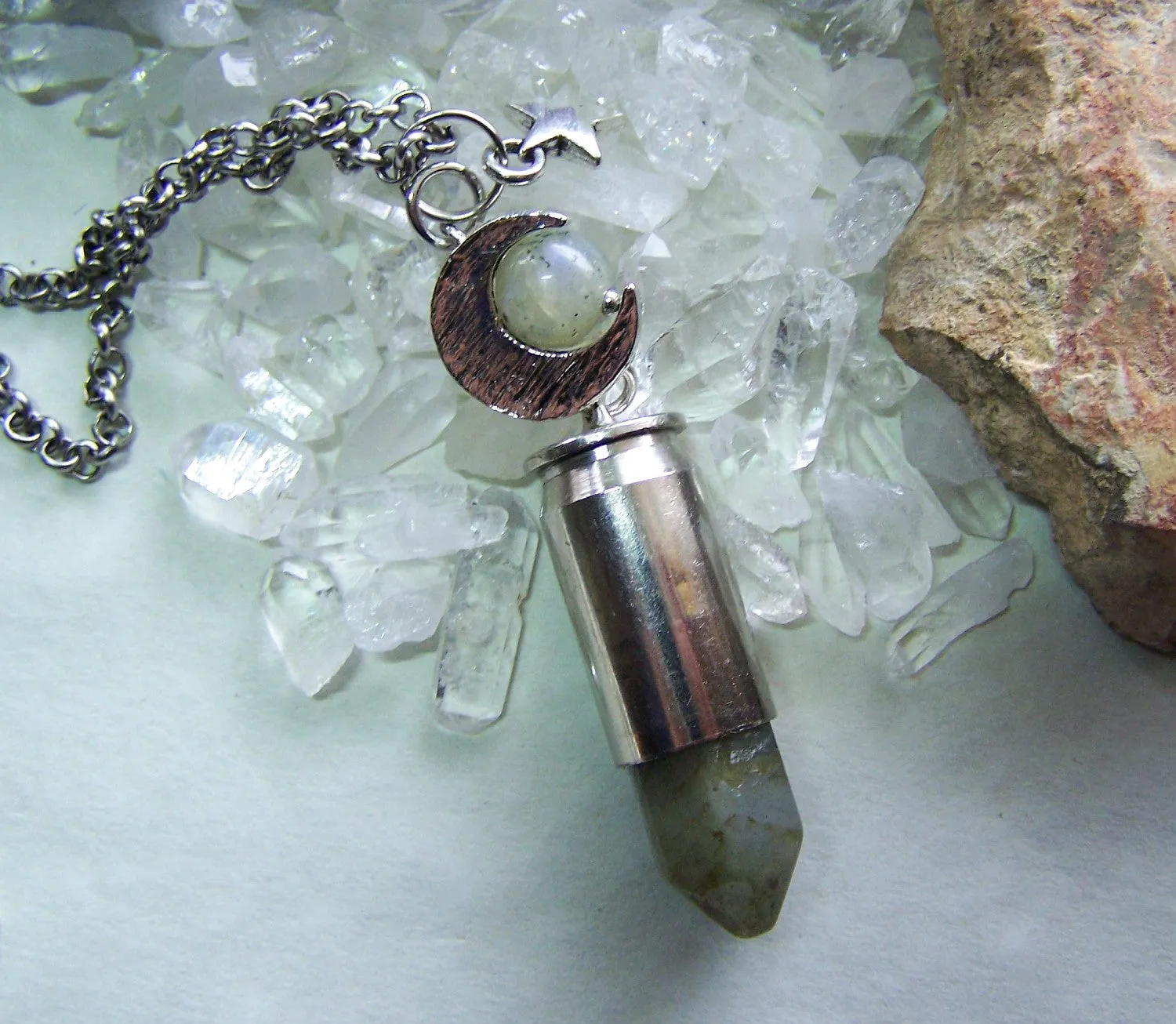 Labradorite Gemstone Silver Moon Bullet Pendant Necklace