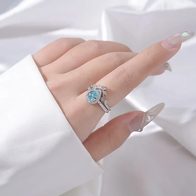 light luxury water drop ice flower cut stone ring  s925 sterling silver micro-paved zircon index finger ring hot sale