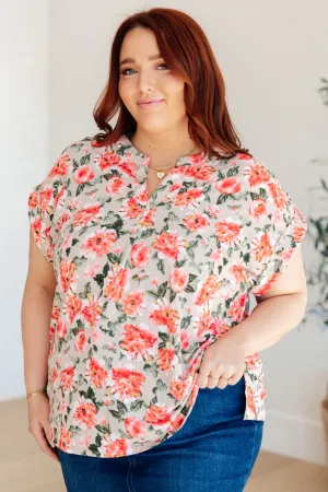 Lizzy Cap Sleeve Top in Coral and Beige Floral