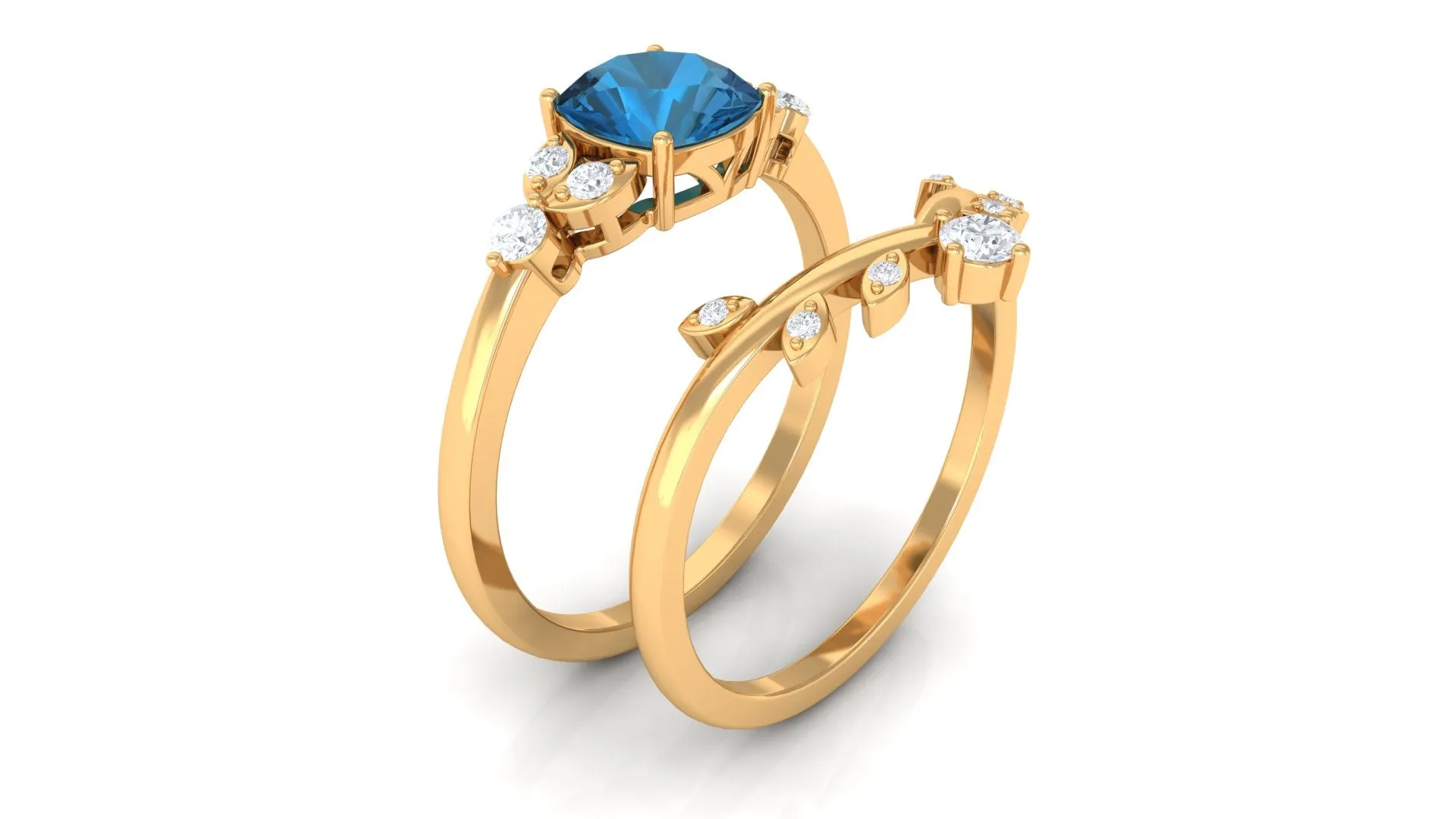 London Blue Topaz and Diamond Ring Set with Leaf Motif