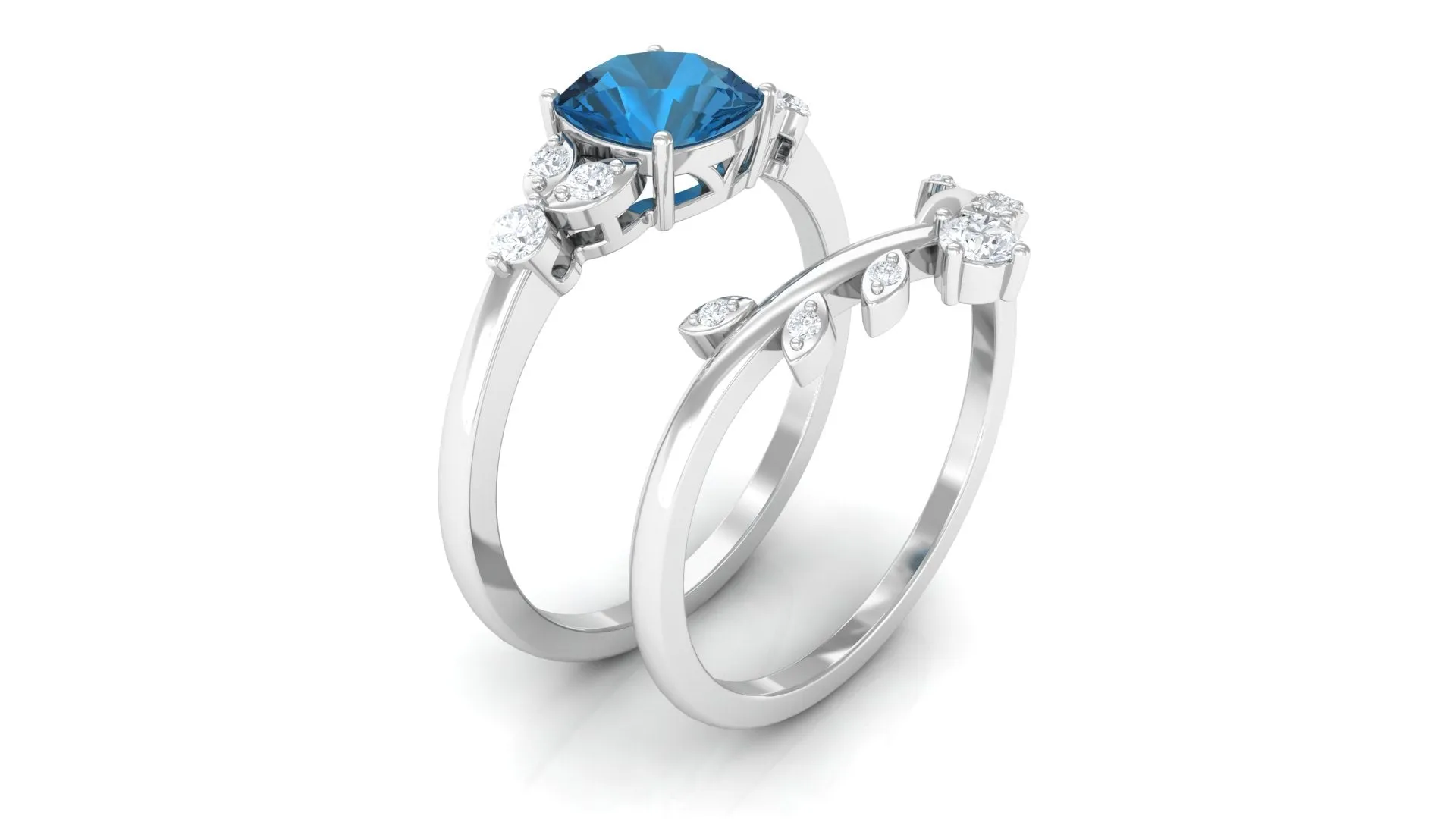 London Blue Topaz and Diamond Ring Set with Leaf Motif