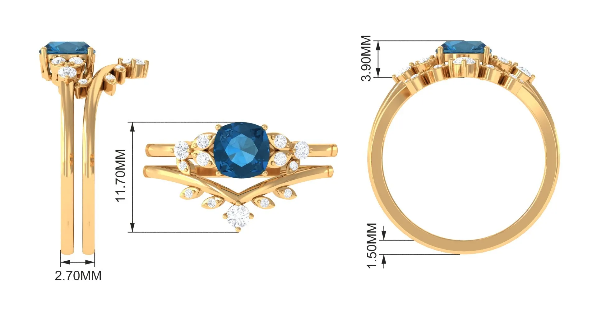 London Blue Topaz and Diamond Ring Set with Leaf Motif