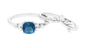 London Blue Topaz and Diamond Ring Set with Leaf Motif