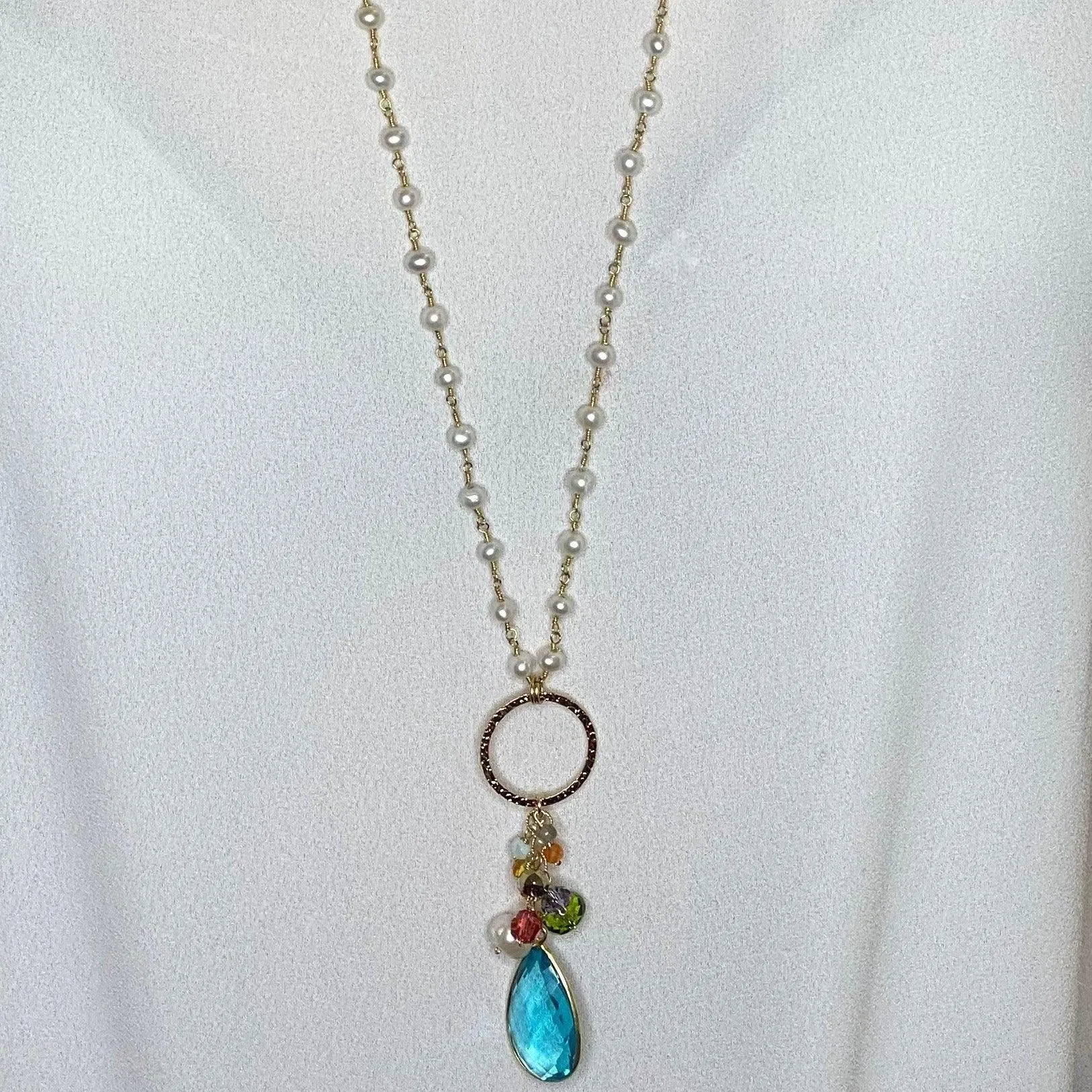 Long Colorful Gem Pendant Necklace 38"