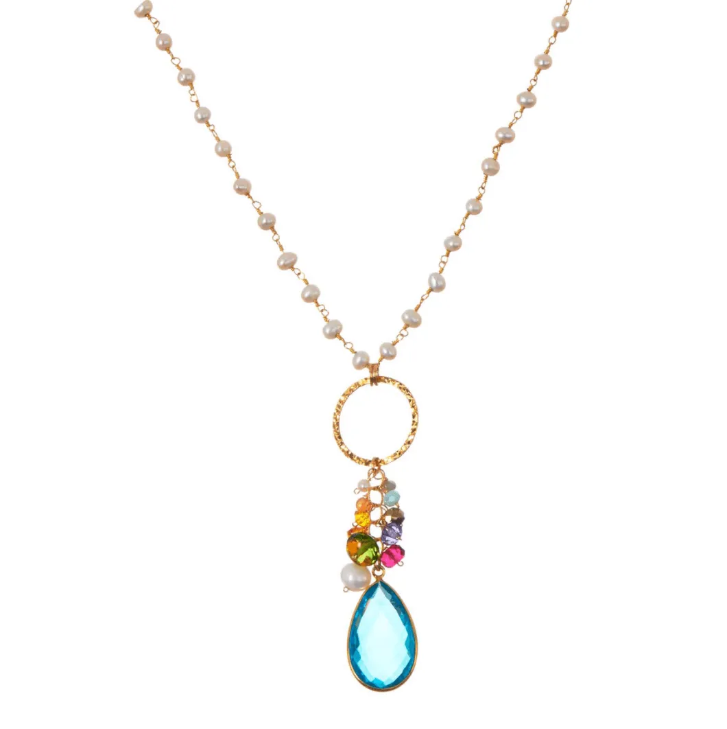 Long Colorful Gem Pendant Necklace 38"