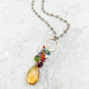 Long Colorful Gem Pendant Necklace 38"