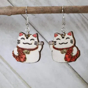 Lucky Cat Wooden Dangle Earrings by Cate's Concepts, LLC