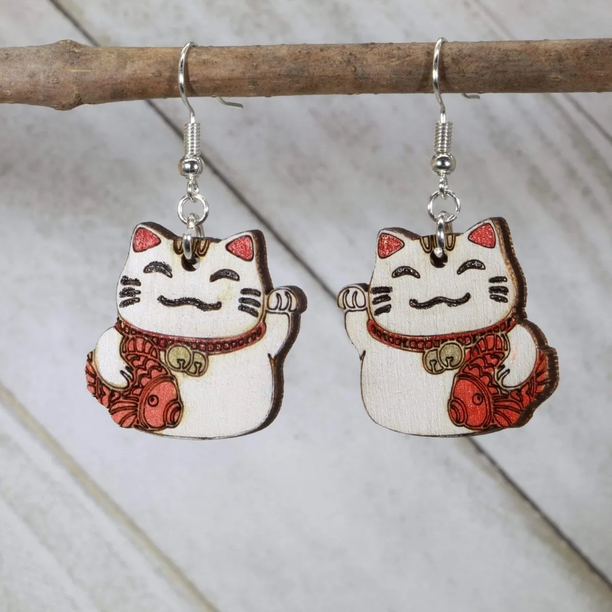 Lucky Cat Wooden Dangle Earrings by Cate's Concepts, LLC