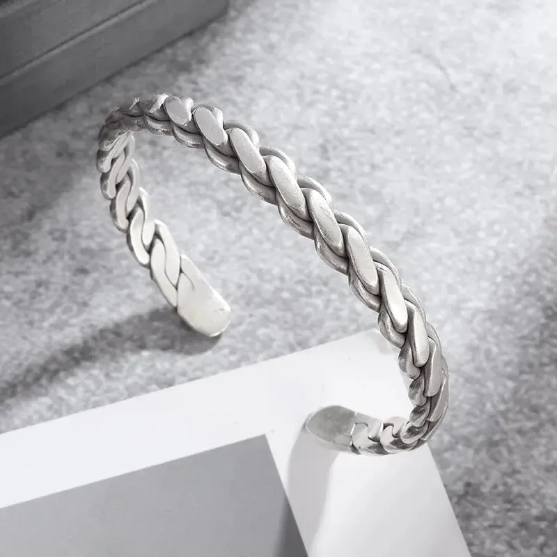 Men Fashion Vintage Casual Party Jewelry Gifts Silver Plated Trend Men Bracelet Simple Twist Braided Bangle Feather Bangle