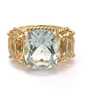 Mini Three Stone Ring with Rope Twist Border with Green Amethyst and Citrine