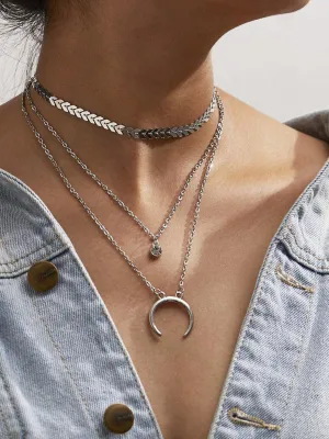 Moon Pendant Layered Chain Necklace