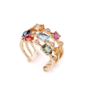 Multi coloured gemstones 18k rose gold Triple row ring