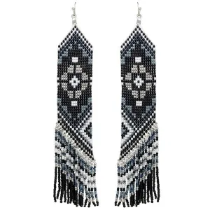 MULTICOLOR SEED BEAD TASSEL LONG DROP DANGLE EARRINGS - BLACK