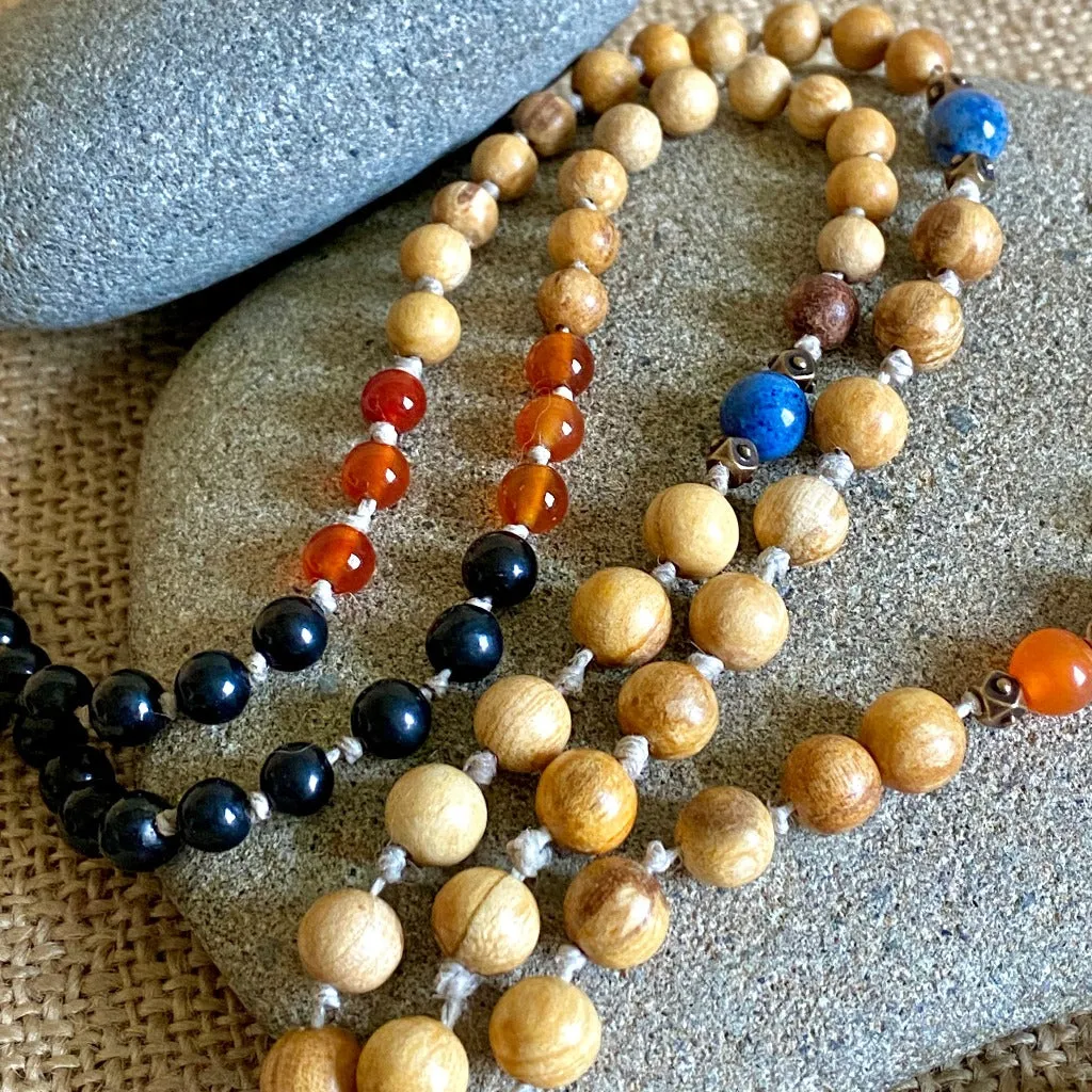 Namaste Mala with Carnelian, Dumortierite, Shungite, Palo Santo Wood