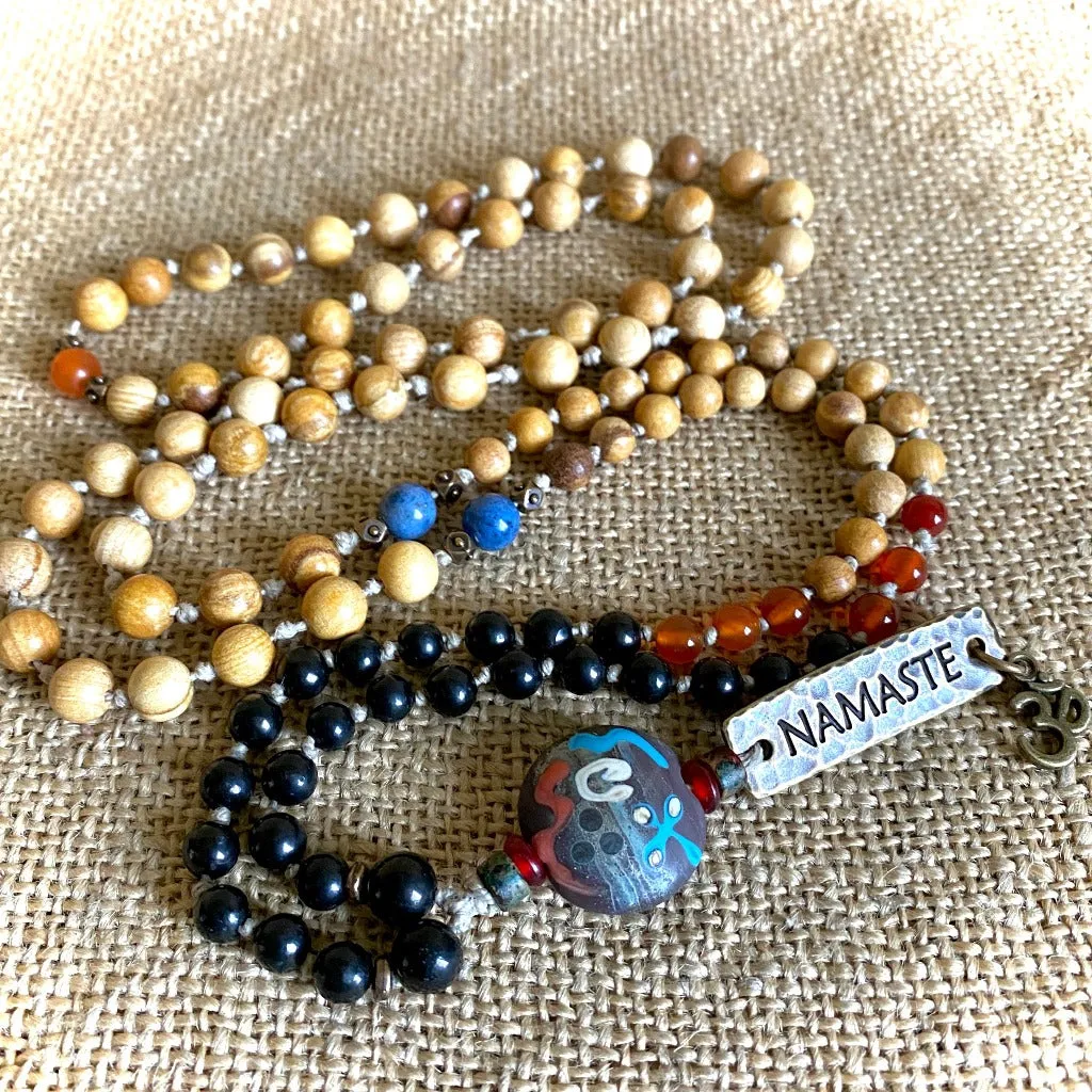 Namaste Mala with Carnelian, Dumortierite, Shungite, Palo Santo Wood