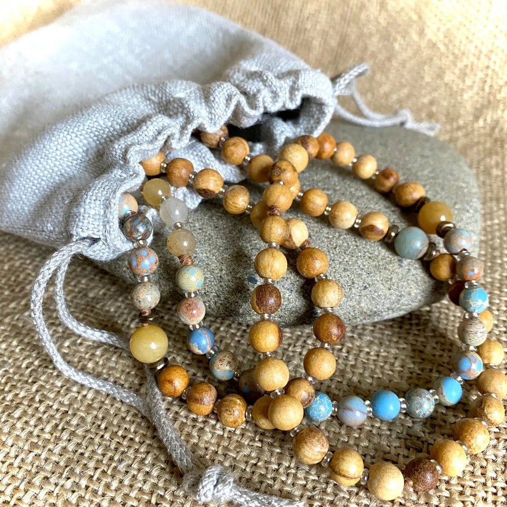 Namaste Mala with Carnelian, Dumortierite, Shungite, Palo Santo Wood