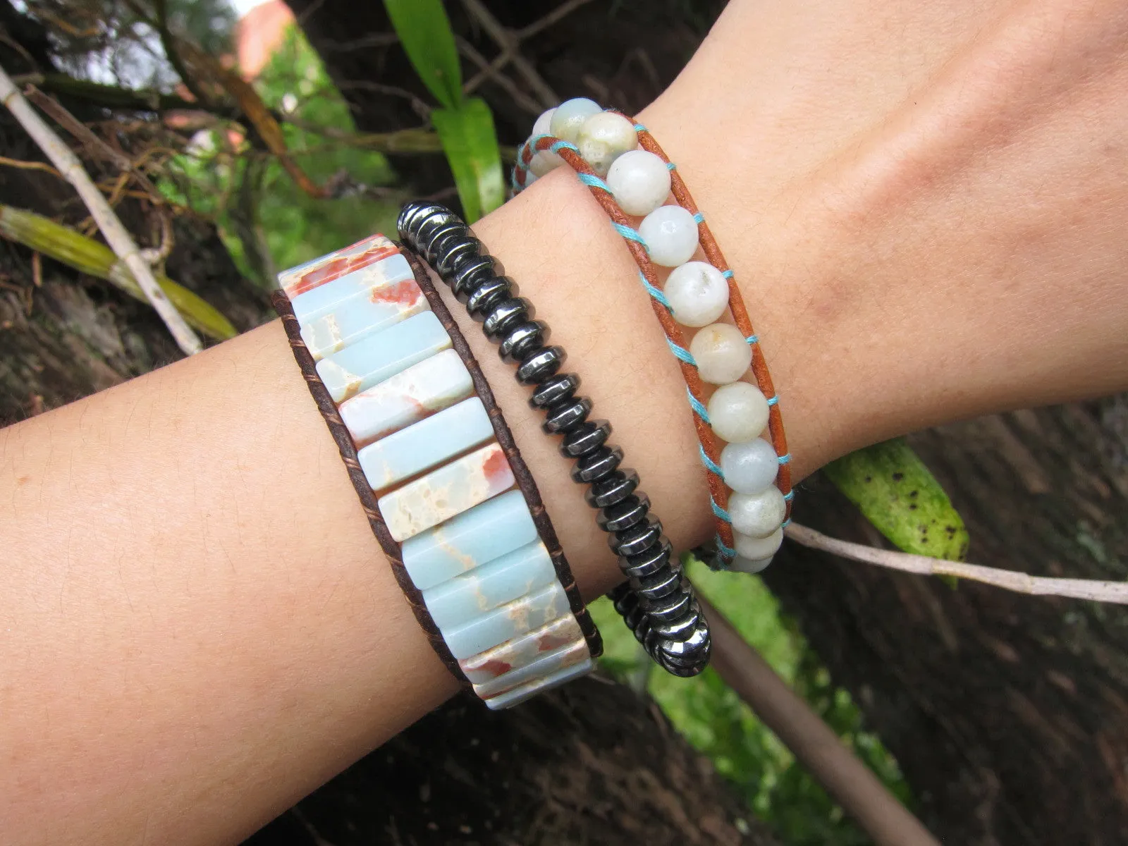 Natural Agalmatolite Jasper Cuff Leather Bracelet