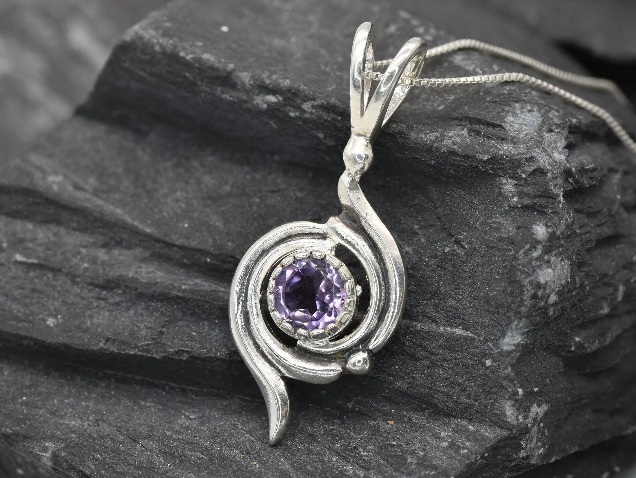 Natural Amethyst Necklace - Purple Swirl Pendant - February Birthstone Necklace