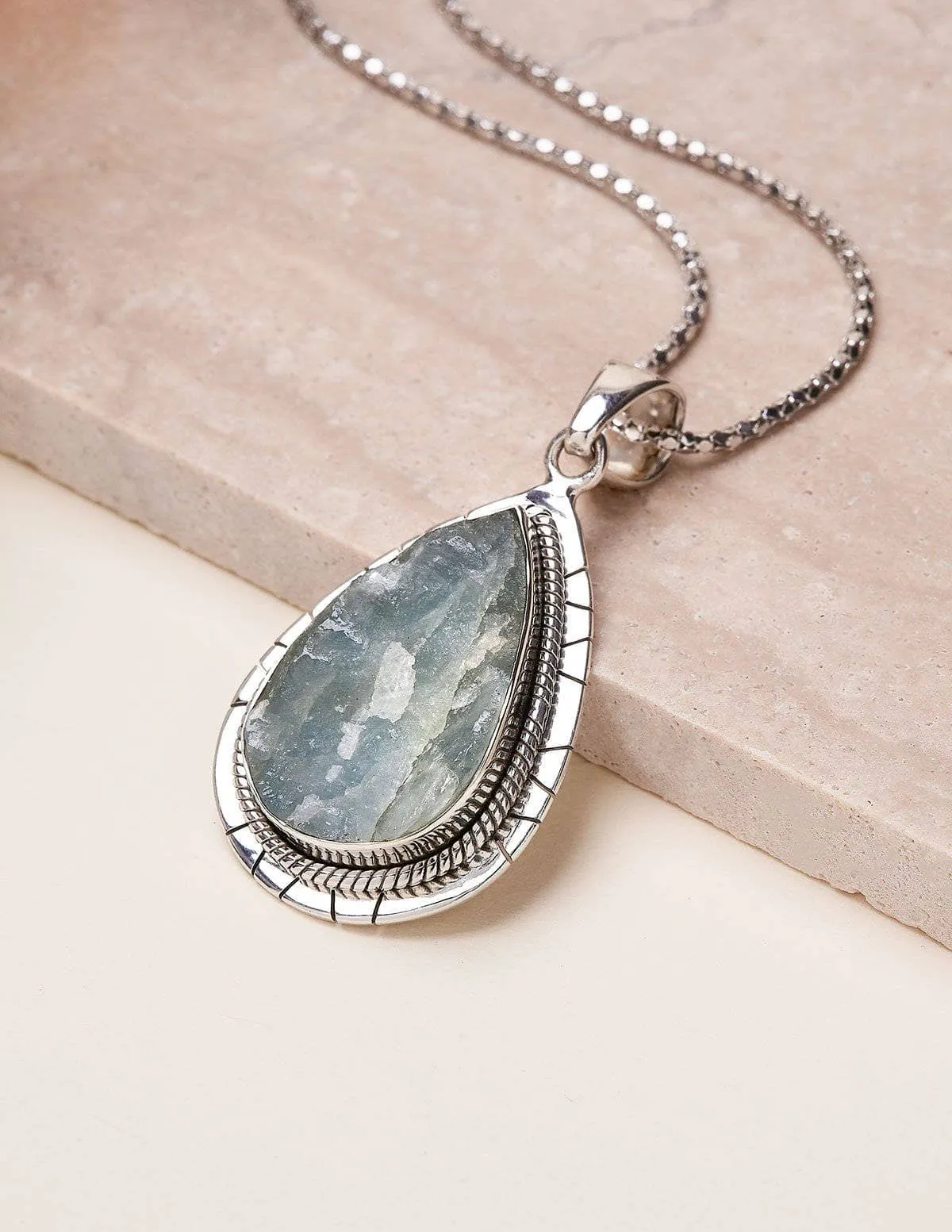 Natural Aquamarine Teardrop Silver Pendant Necklace