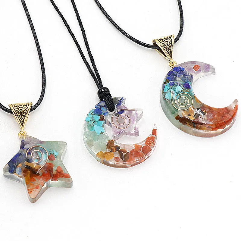 Natural Crystal Gemstone Epoxy Resin Carat Star Moon Necklace