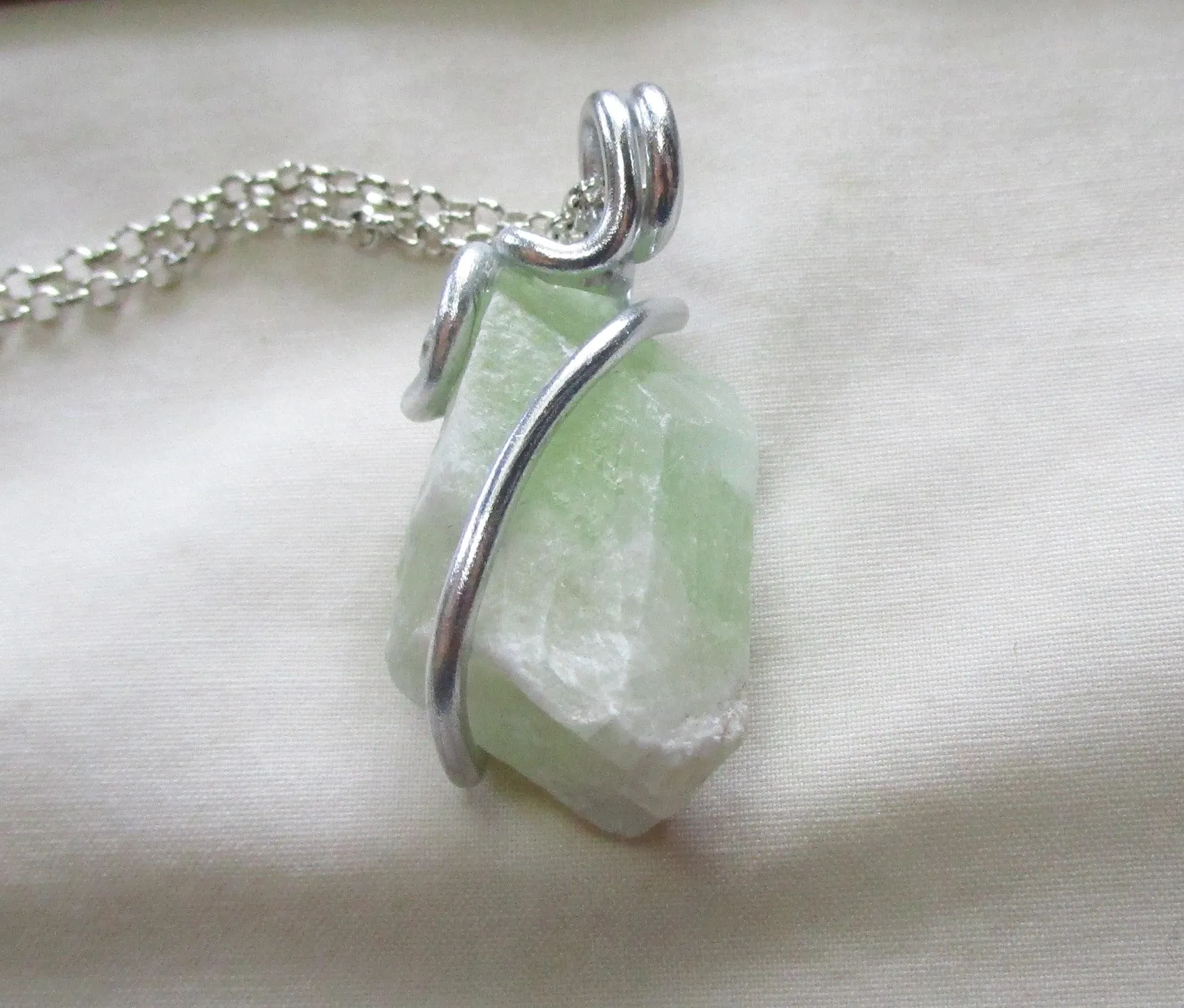 Natural Green Calcite Raw Gemstone Crystal Pendant Necklace