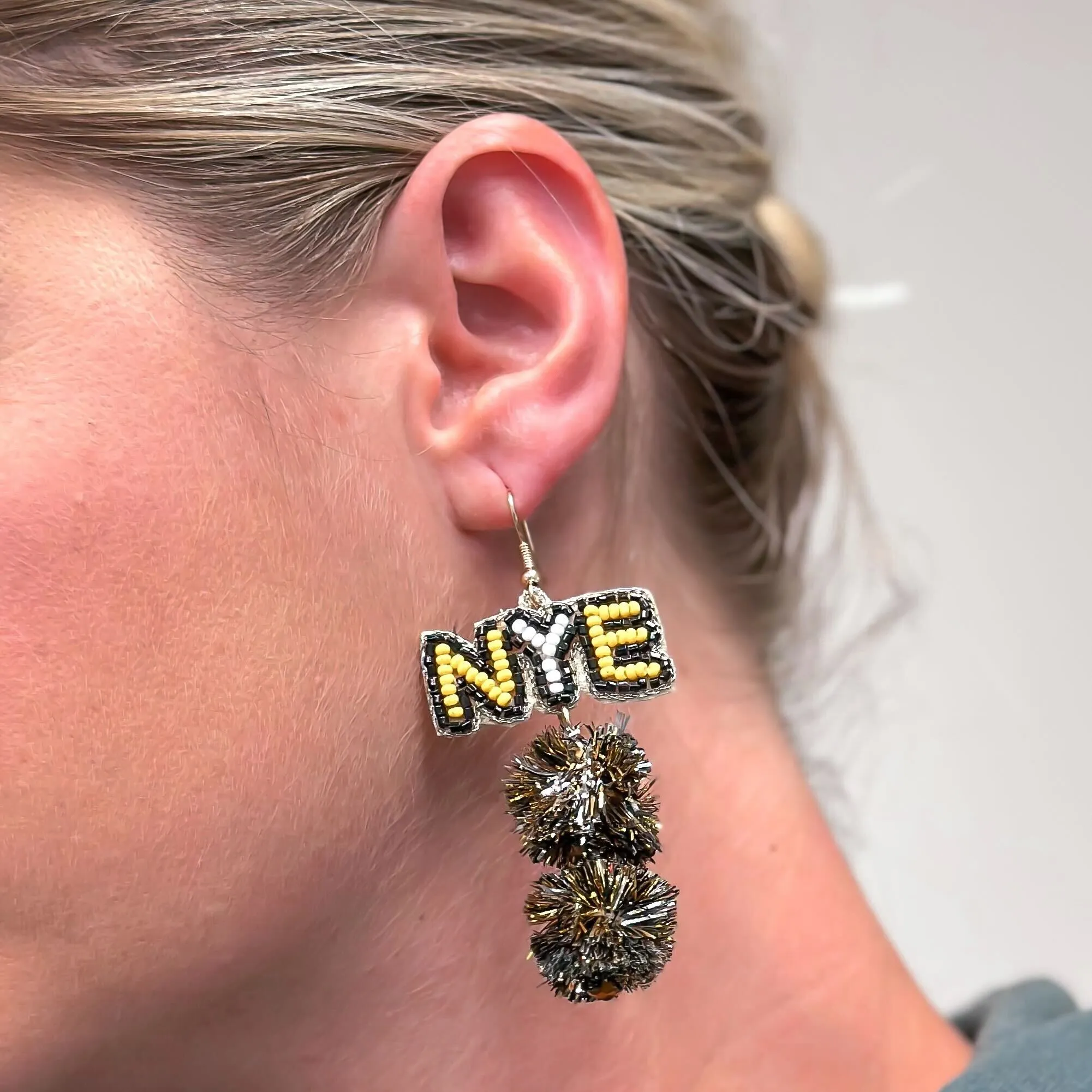 'NYE' Pom Pom Beaded Dangle Earrings