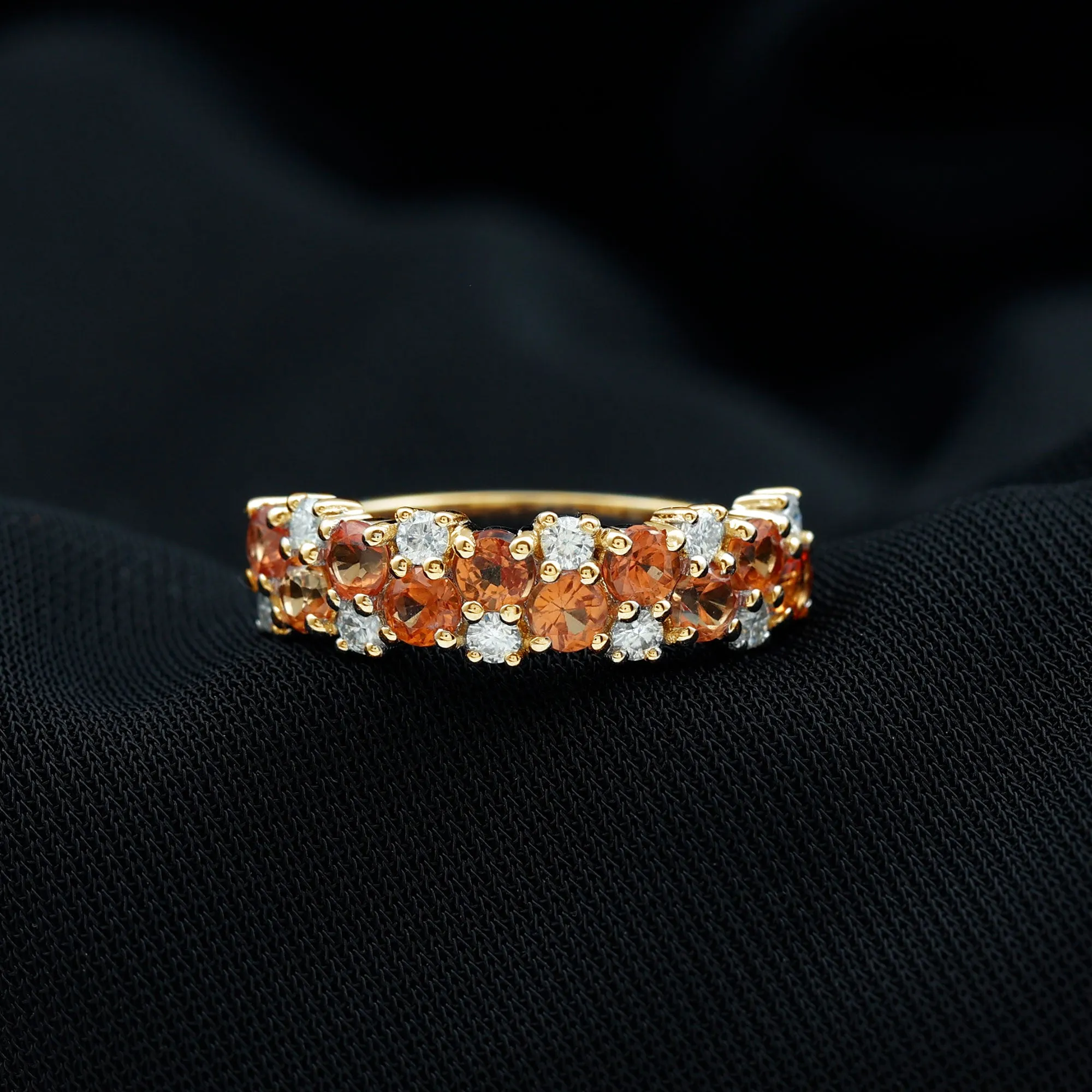 Orange Sapphire and Diamond Cluster Half Eternity Ring