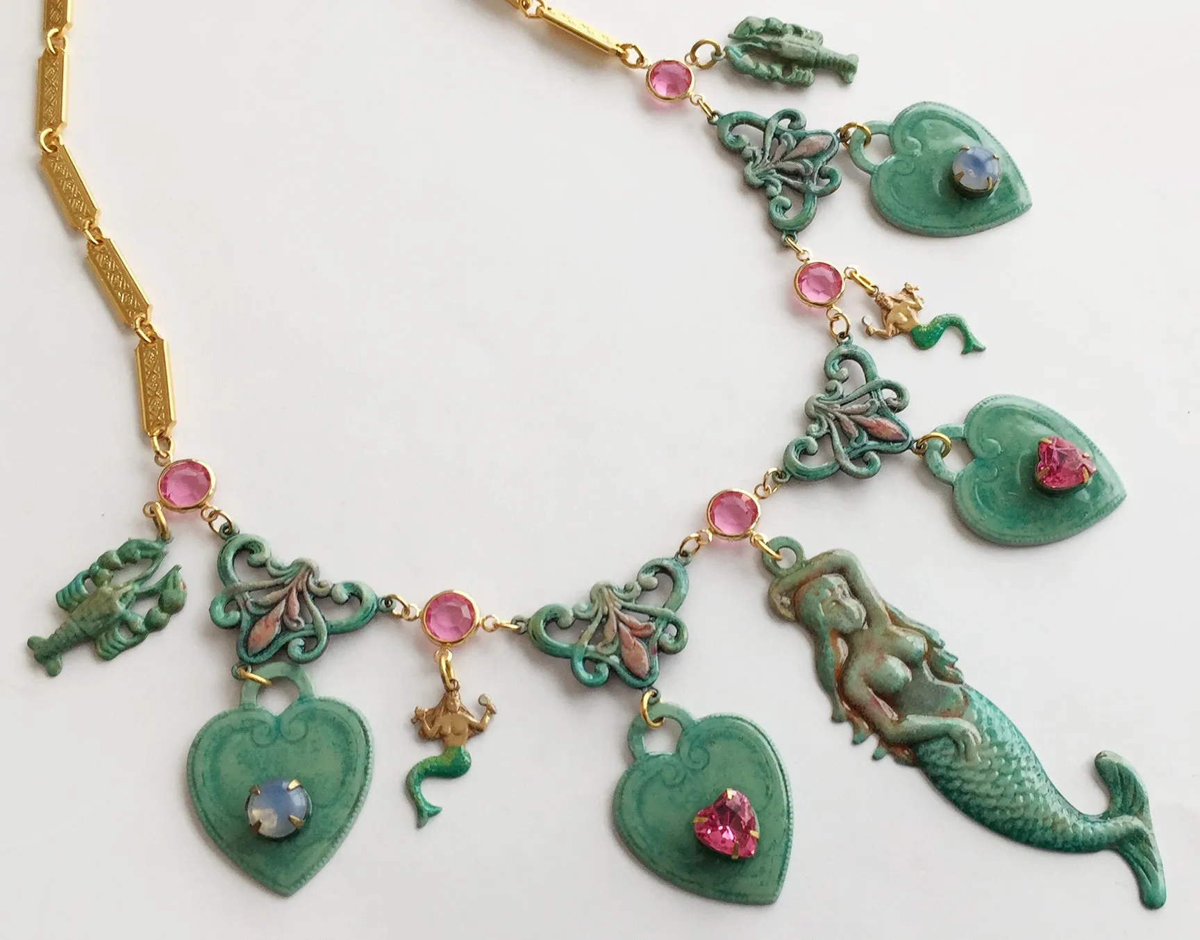 Ornate Enamel & Rhinestone Mermaid Runway Necklace