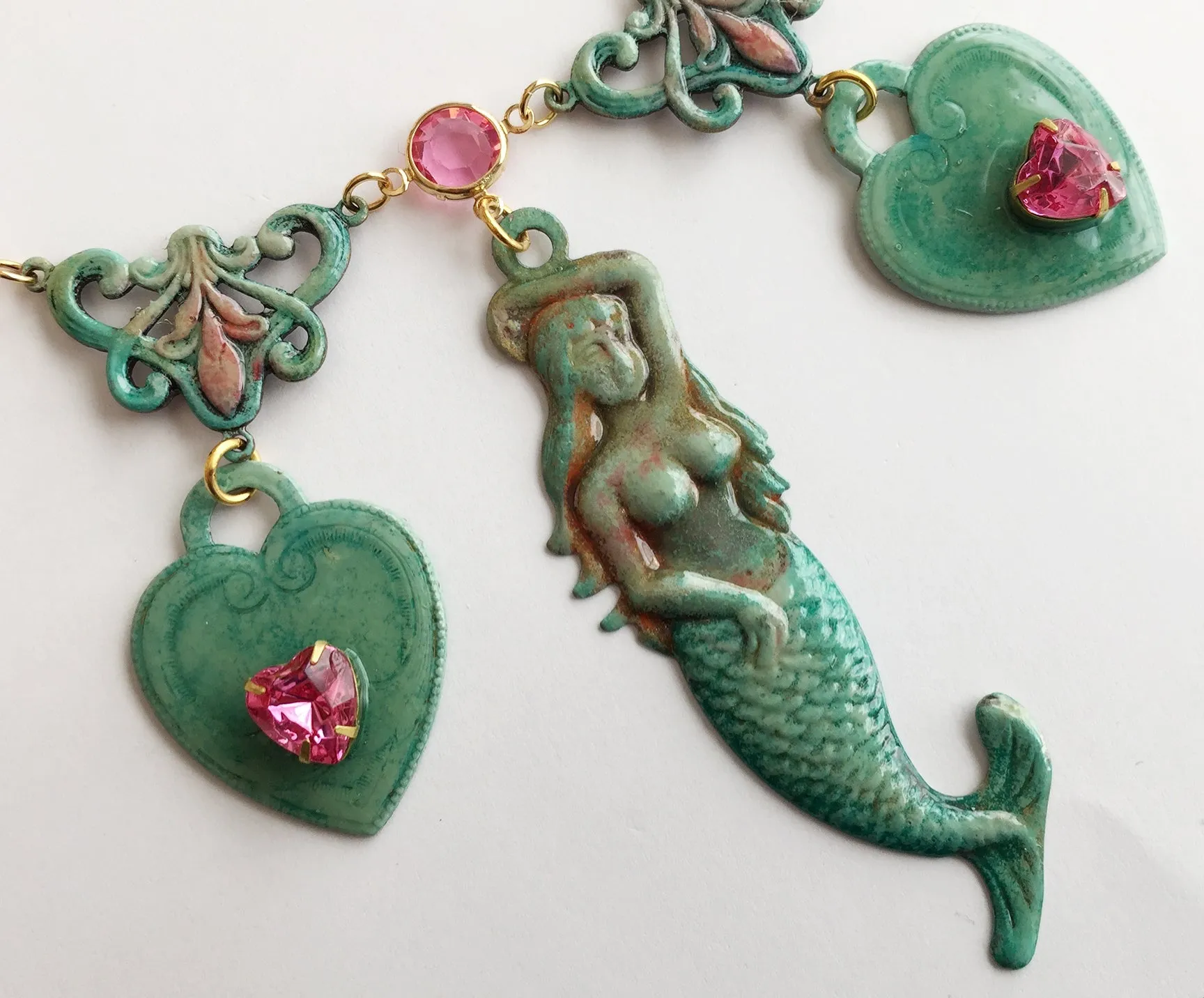 Ornate Enamel & Rhinestone Mermaid Runway Necklace