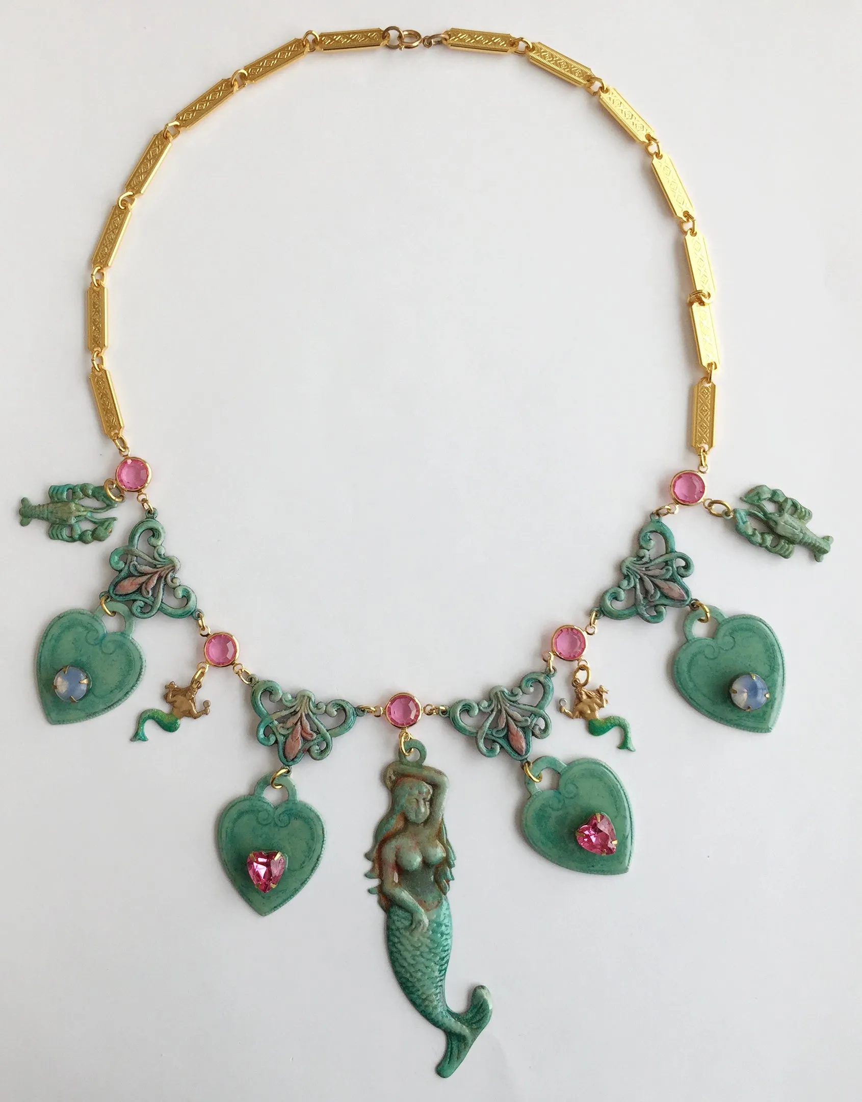 Ornate Enamel & Rhinestone Mermaid Runway Necklace