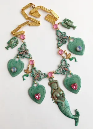 Ornate Enamel & Rhinestone Mermaid Runway Necklace