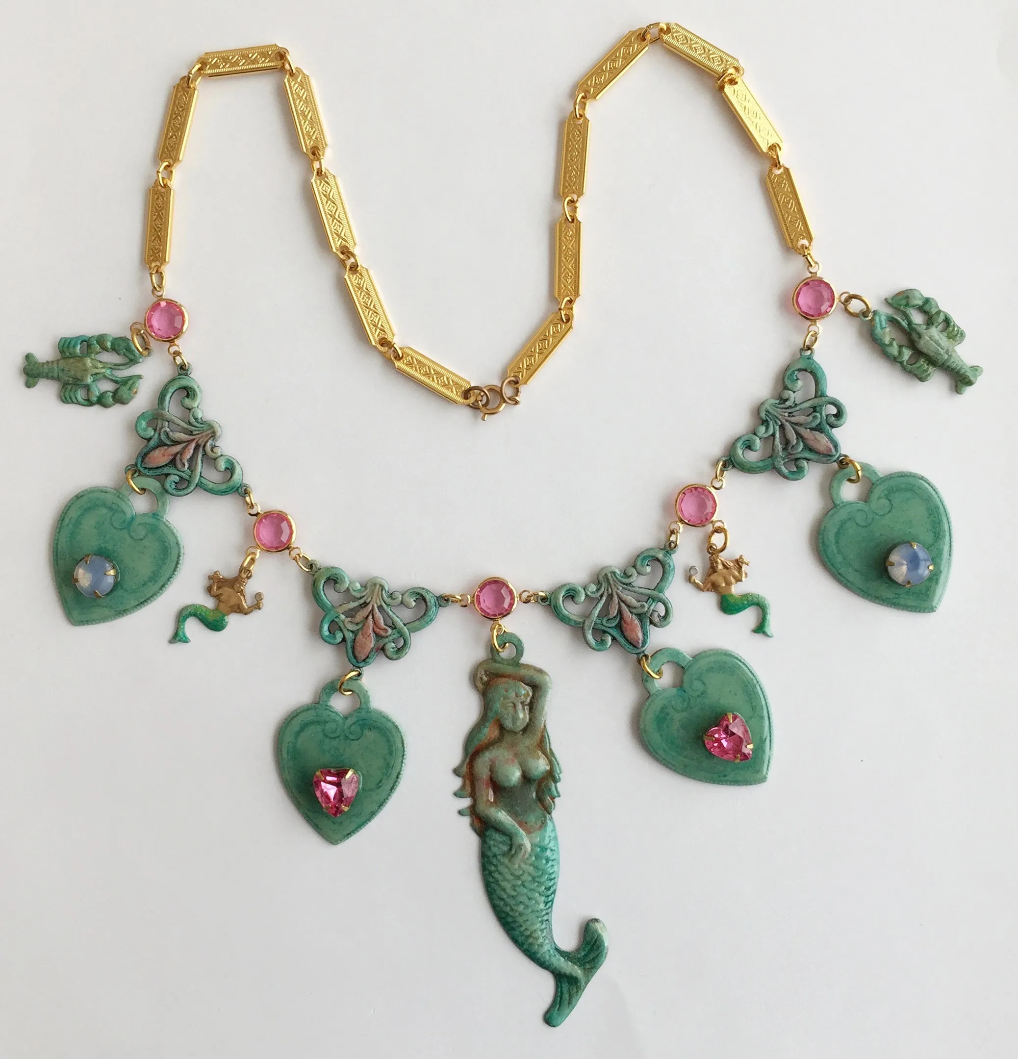 Ornate Enamel & Rhinestone Mermaid Runway Necklace