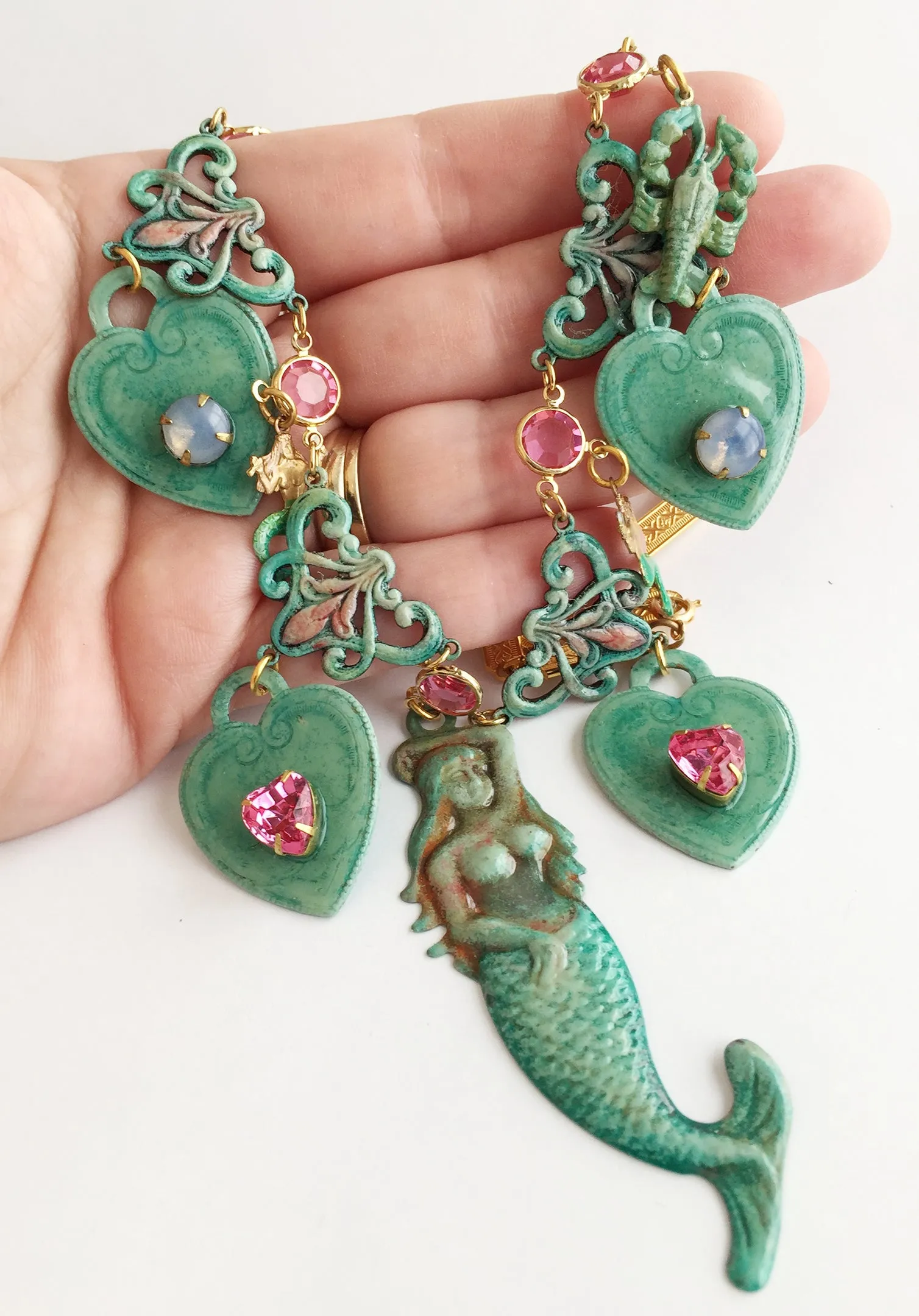 Ornate Enamel & Rhinestone Mermaid Runway Necklace