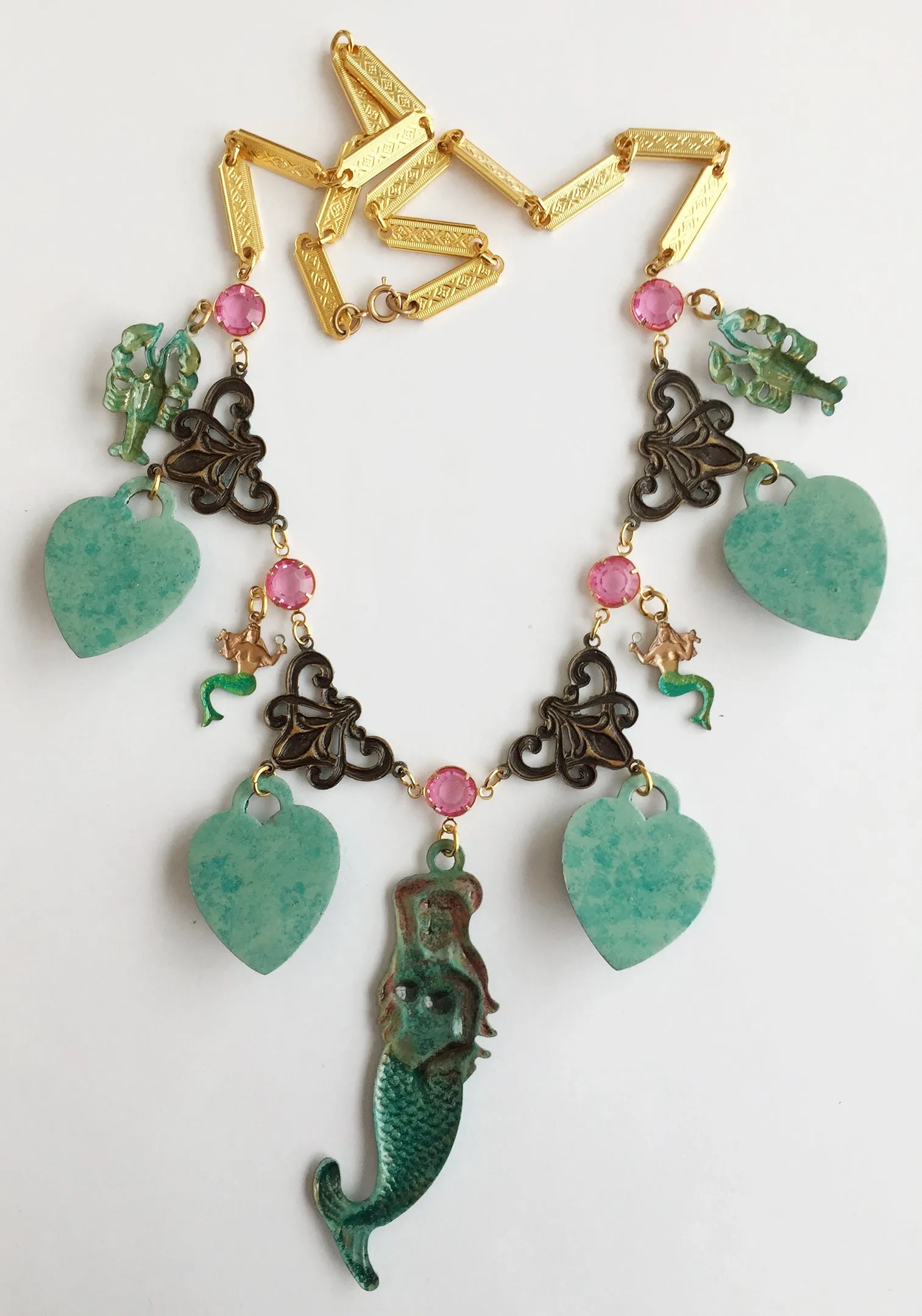 Ornate Enamel & Rhinestone Mermaid Runway Necklace