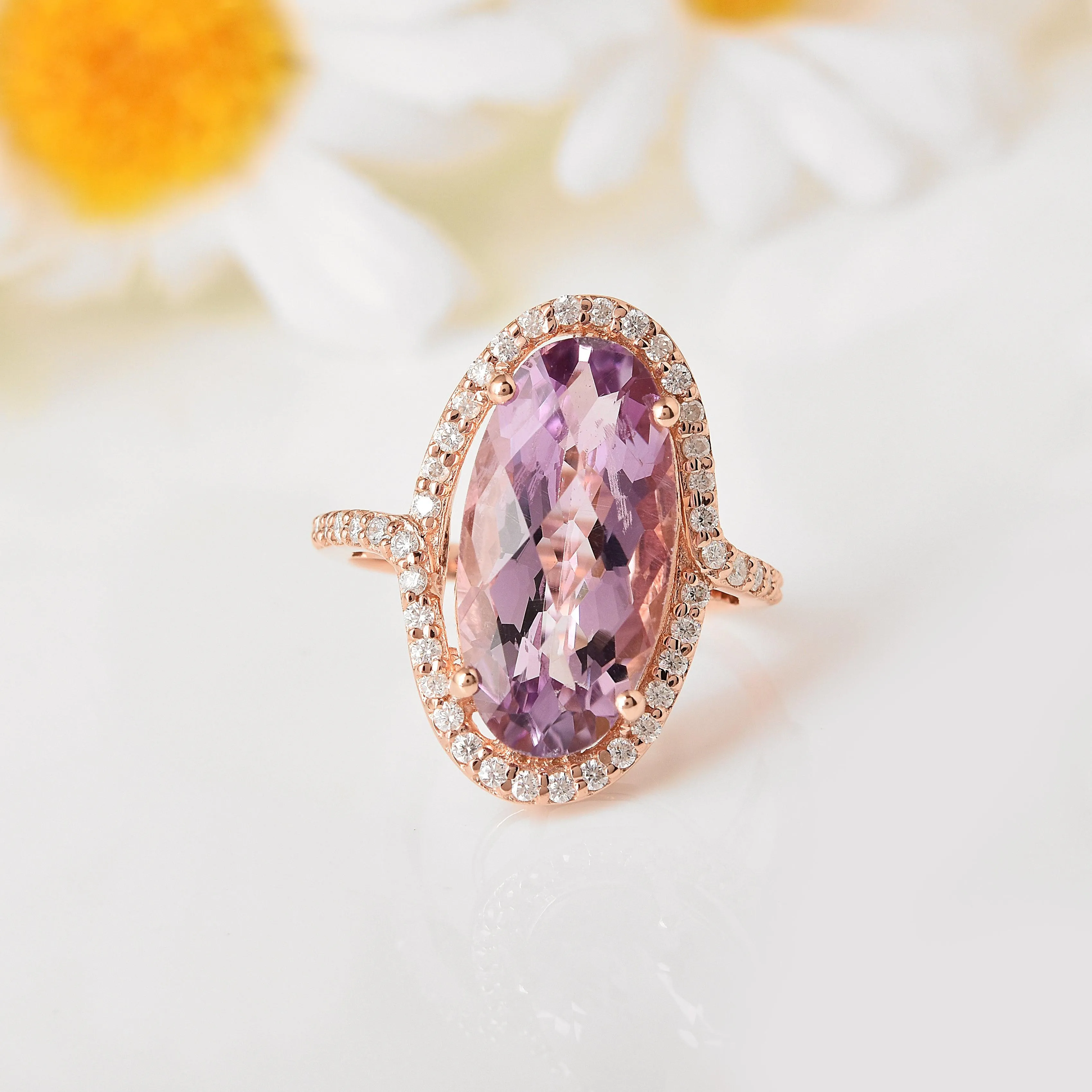 Oval Pink Amethyst Halo Ring