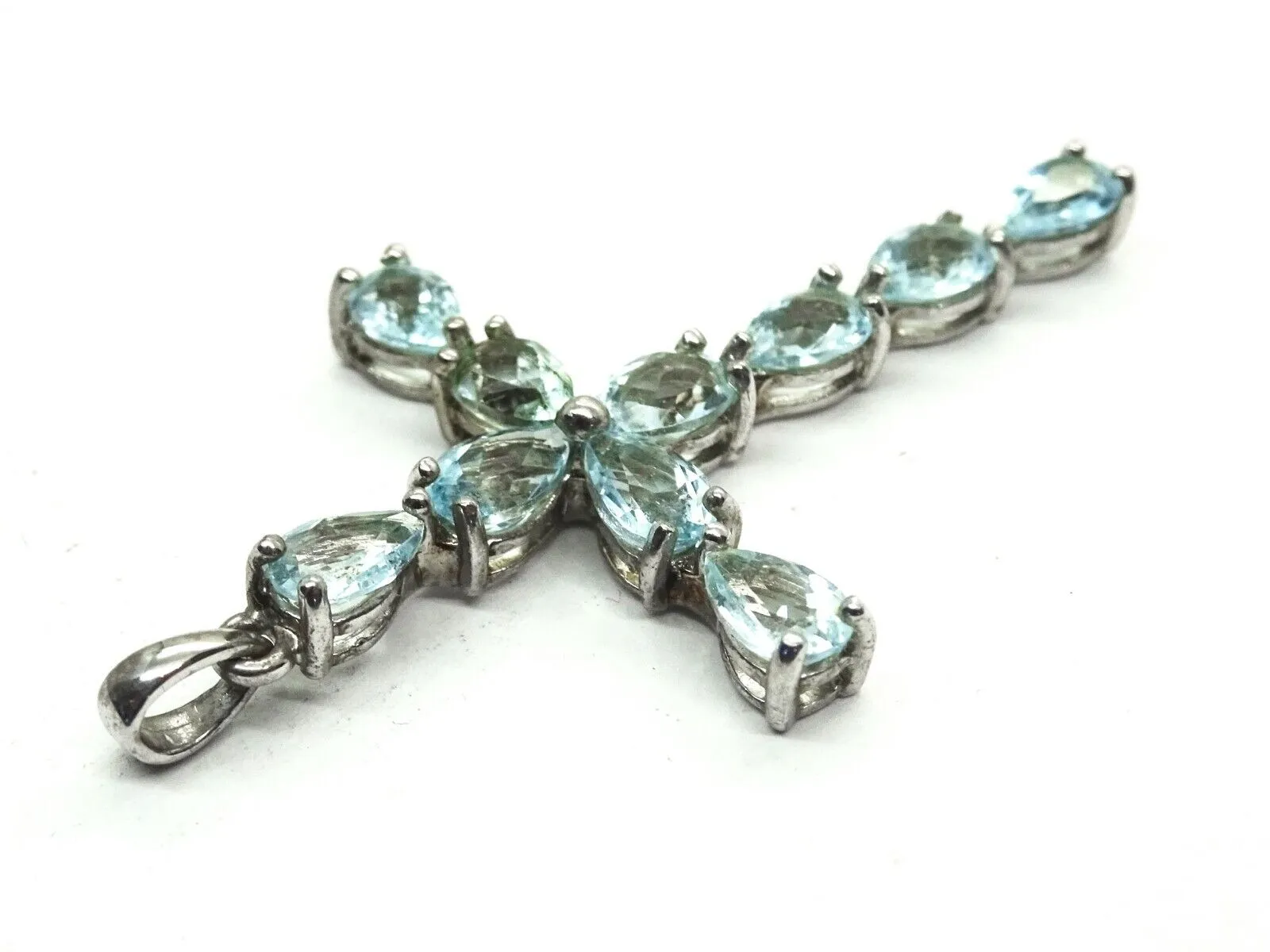 Pear Blue Topaz Cross Pendant Sterling Silver