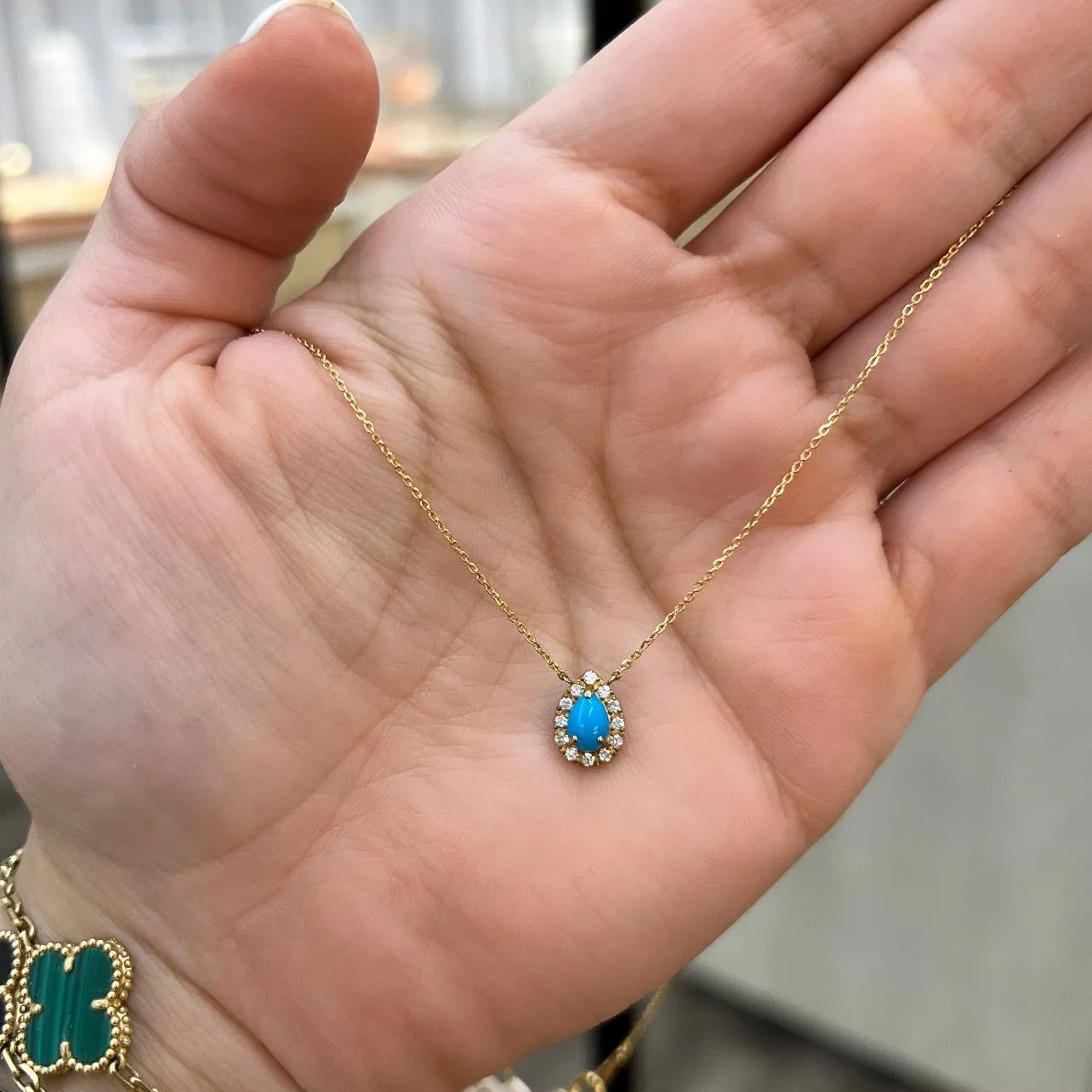 Pear Cut Turquoise Solitaire with Diamond Halo Necklace