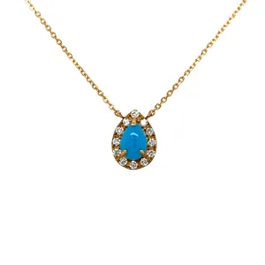 Pear Cut Turquoise Solitaire with Diamond Halo Necklace