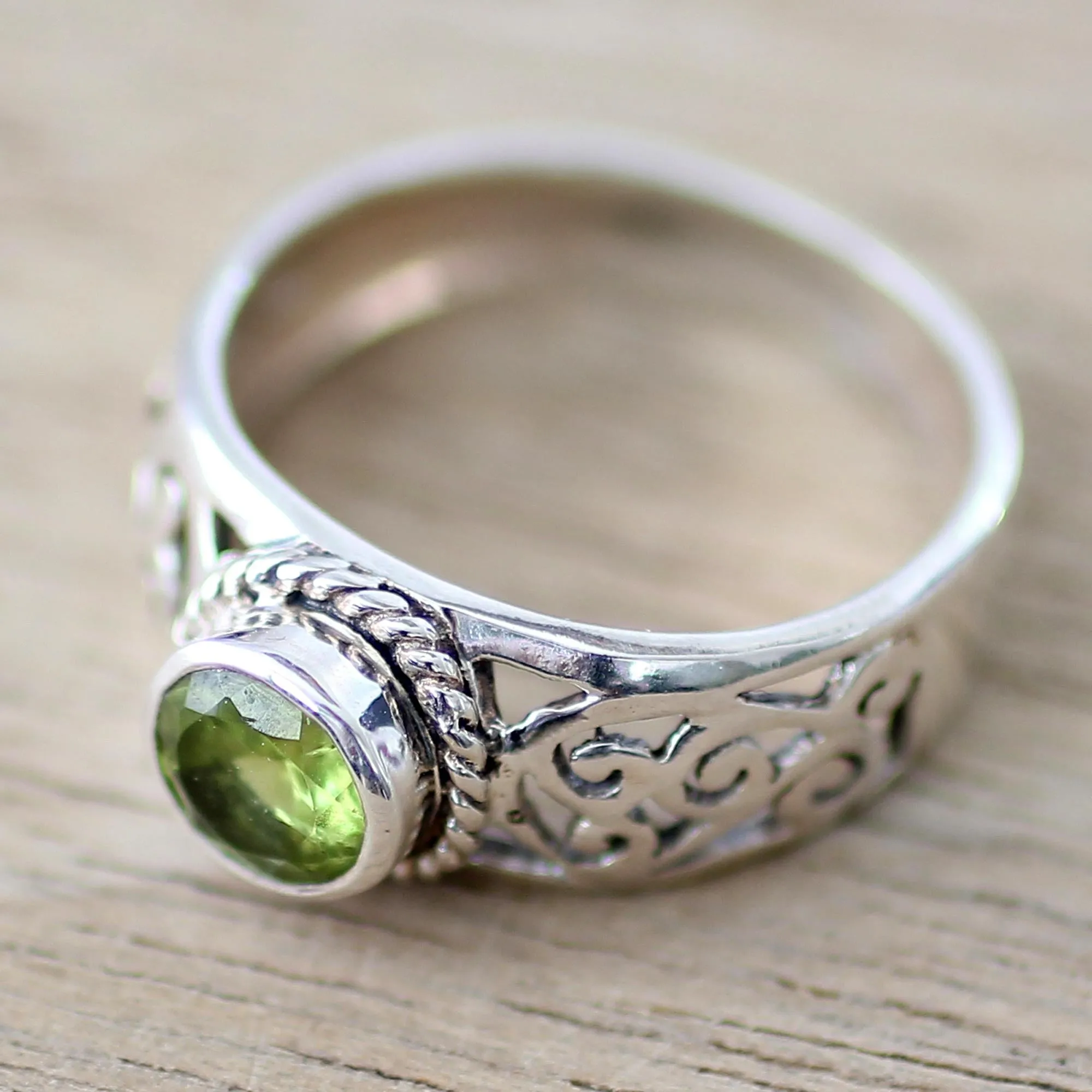 Peridot and Sterling Silver Indian Ring with Paisley Design - Blossoming Desire | NOVICA