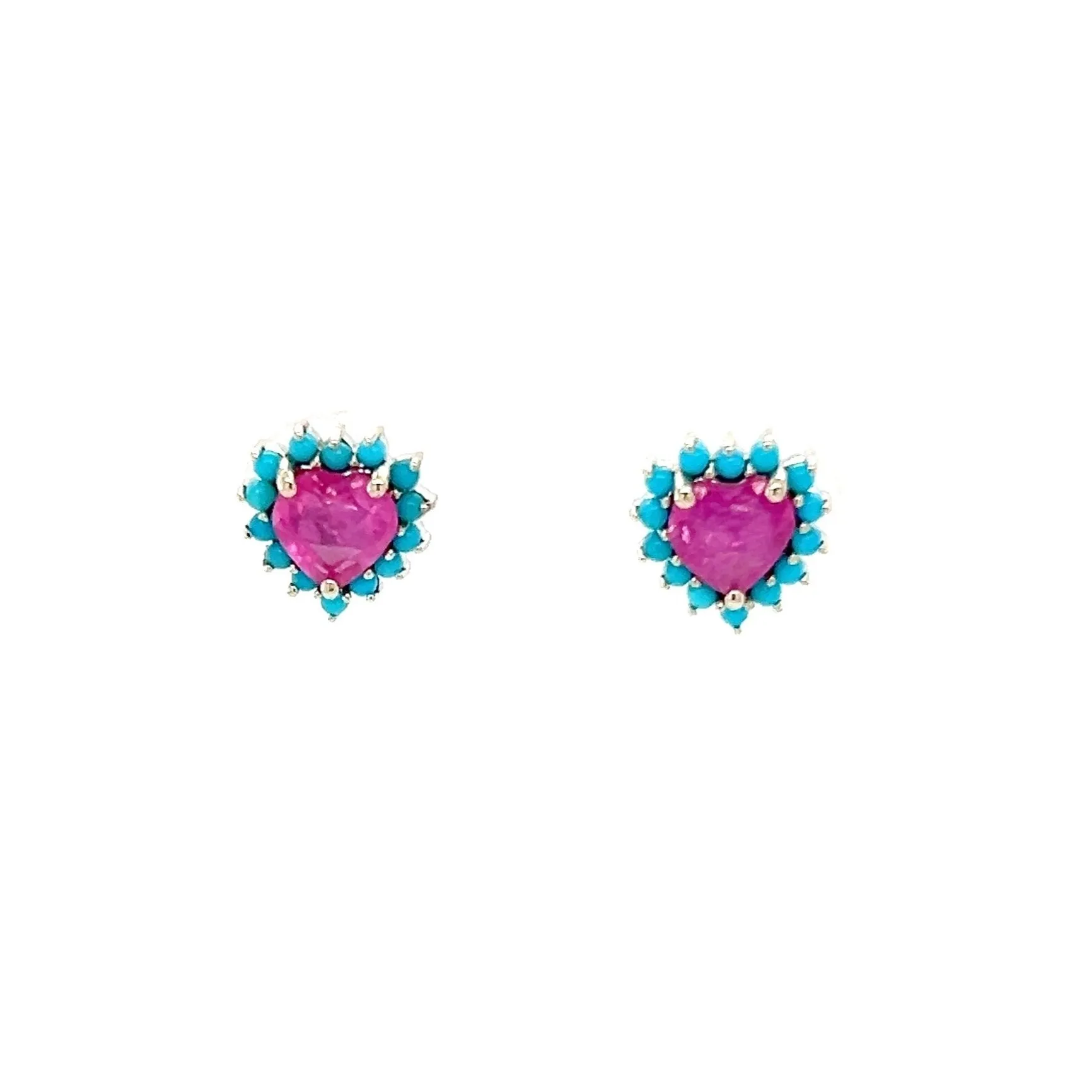 Pink Sapphire Heart With Turquoise Halo Studs