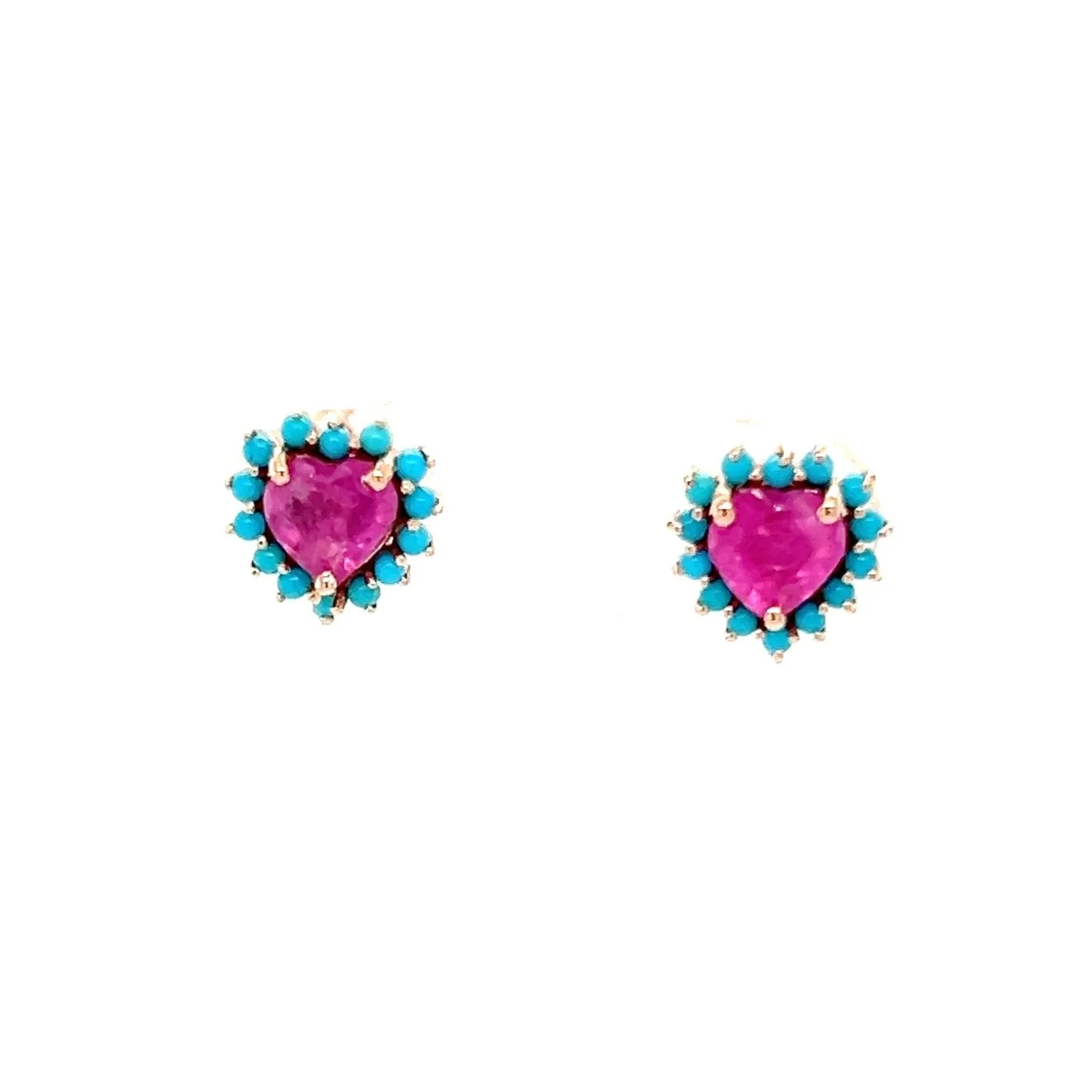 Pink Sapphire Heart With Turquoise Halo Studs