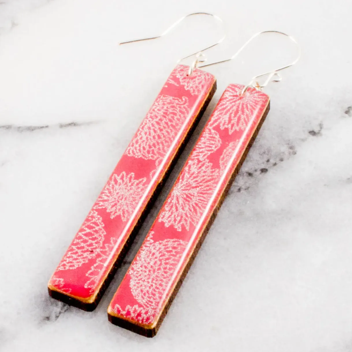 Pink   Silver Zinnia Bar Earrings