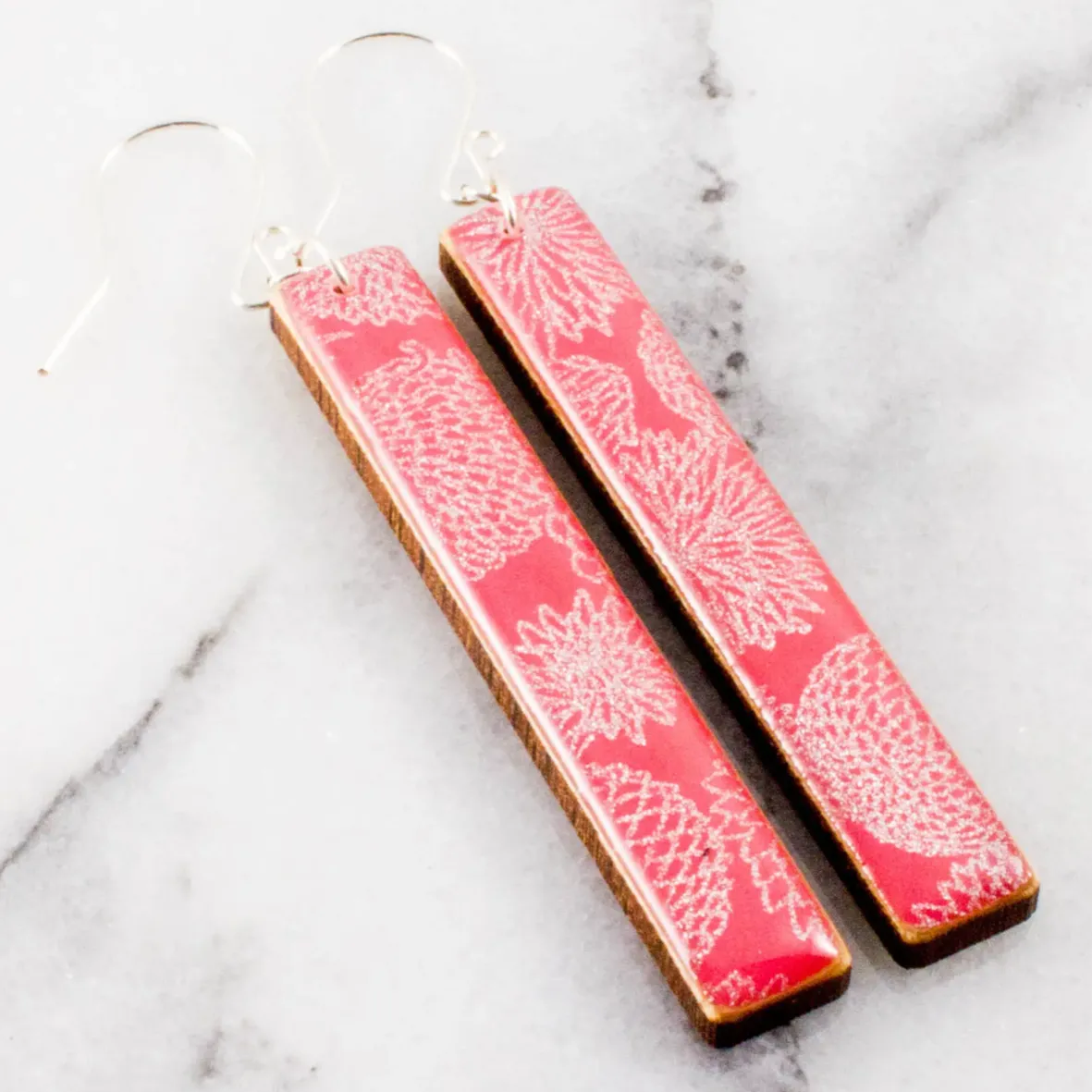 Pink   Silver Zinnia Bar Earrings