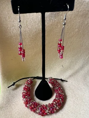 Pinks, Gold, Silver and Leather Hand-stitched Adjustable Bracelet and Dangle Earrings