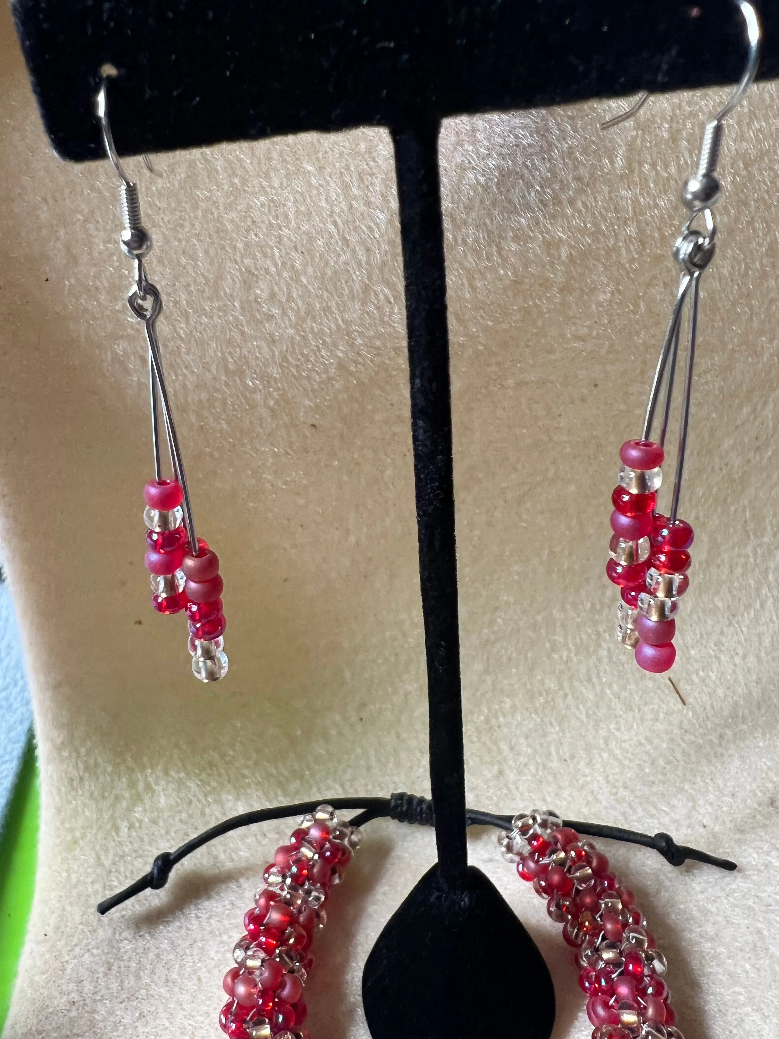 Pinks, Gold, Silver and Leather Hand-stitched Adjustable Bracelet and Dangle Earrings